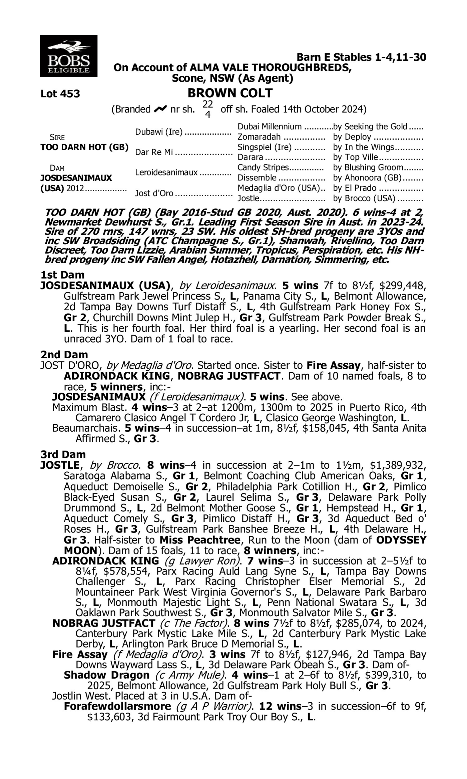 Pedigree for Lot 453 Too Darn Hot (GB) - Josdesanimaux (USA)