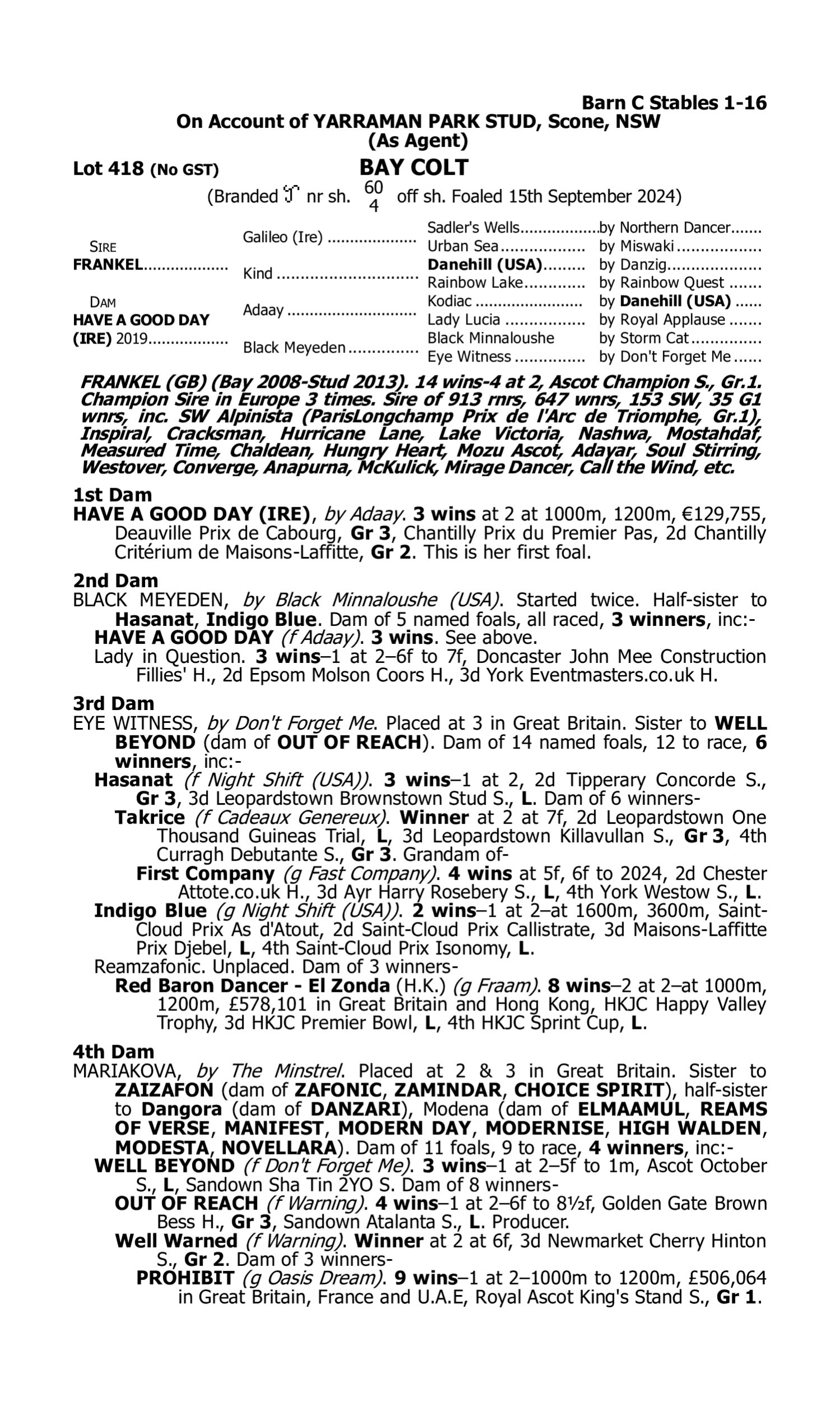 Pedigree for Lot 418 Frankel (GB) - Have a Good Day (IRE)