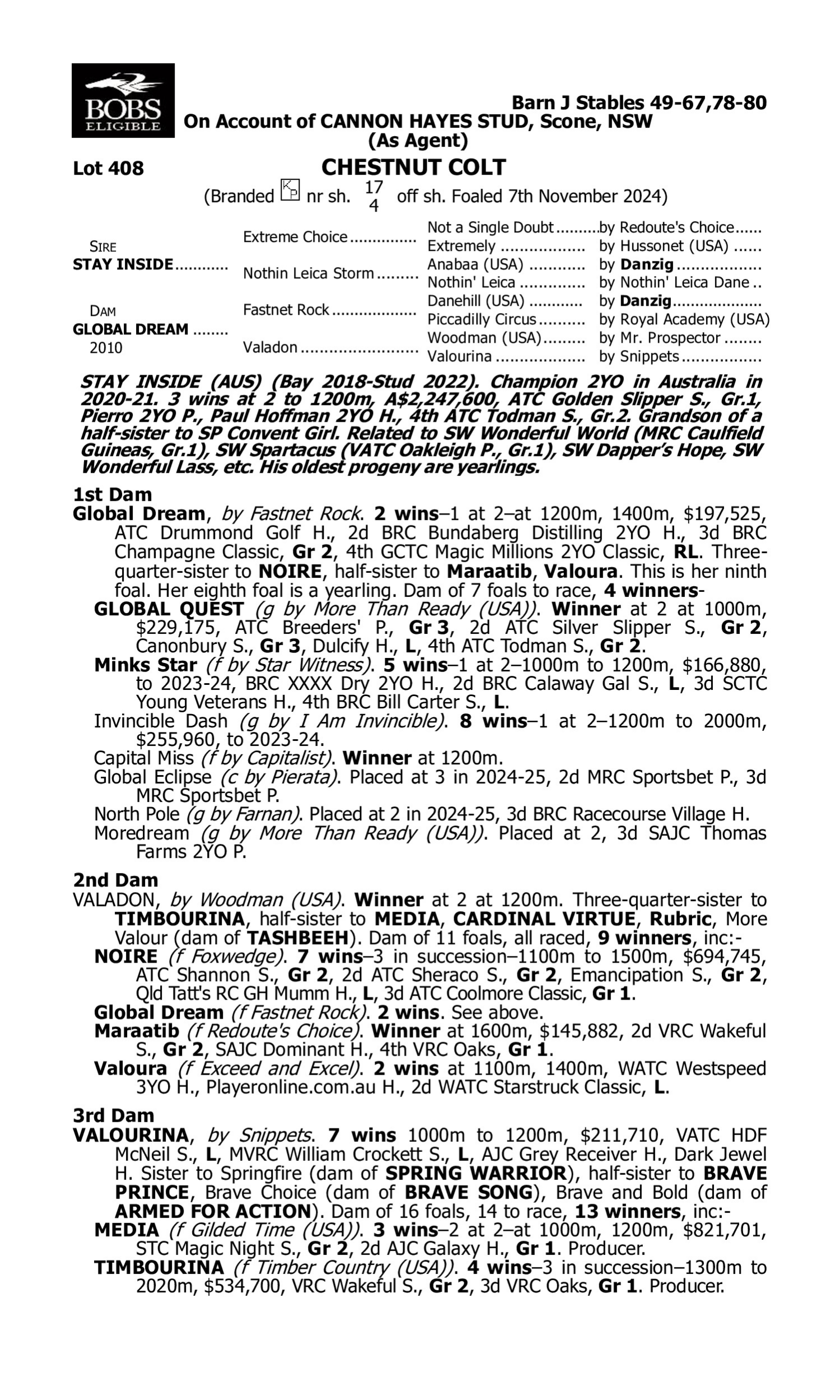 Pedigree for Lot 408 Stay Inside - Global Dream