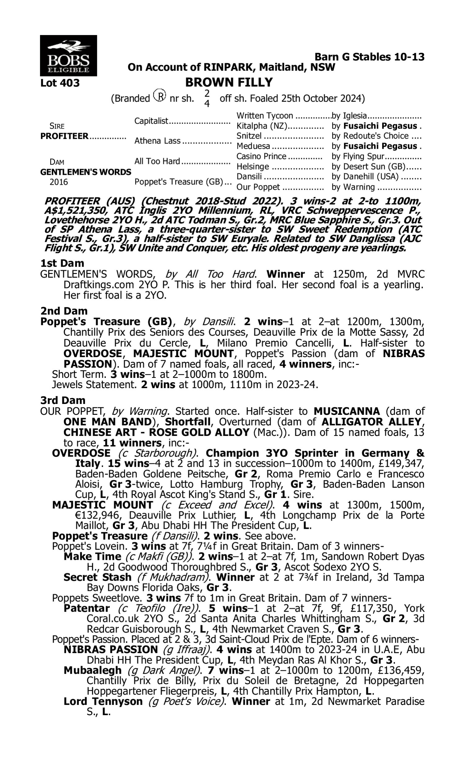 Pedigree for Lot 403 Profiteer - Gentlemen's Words