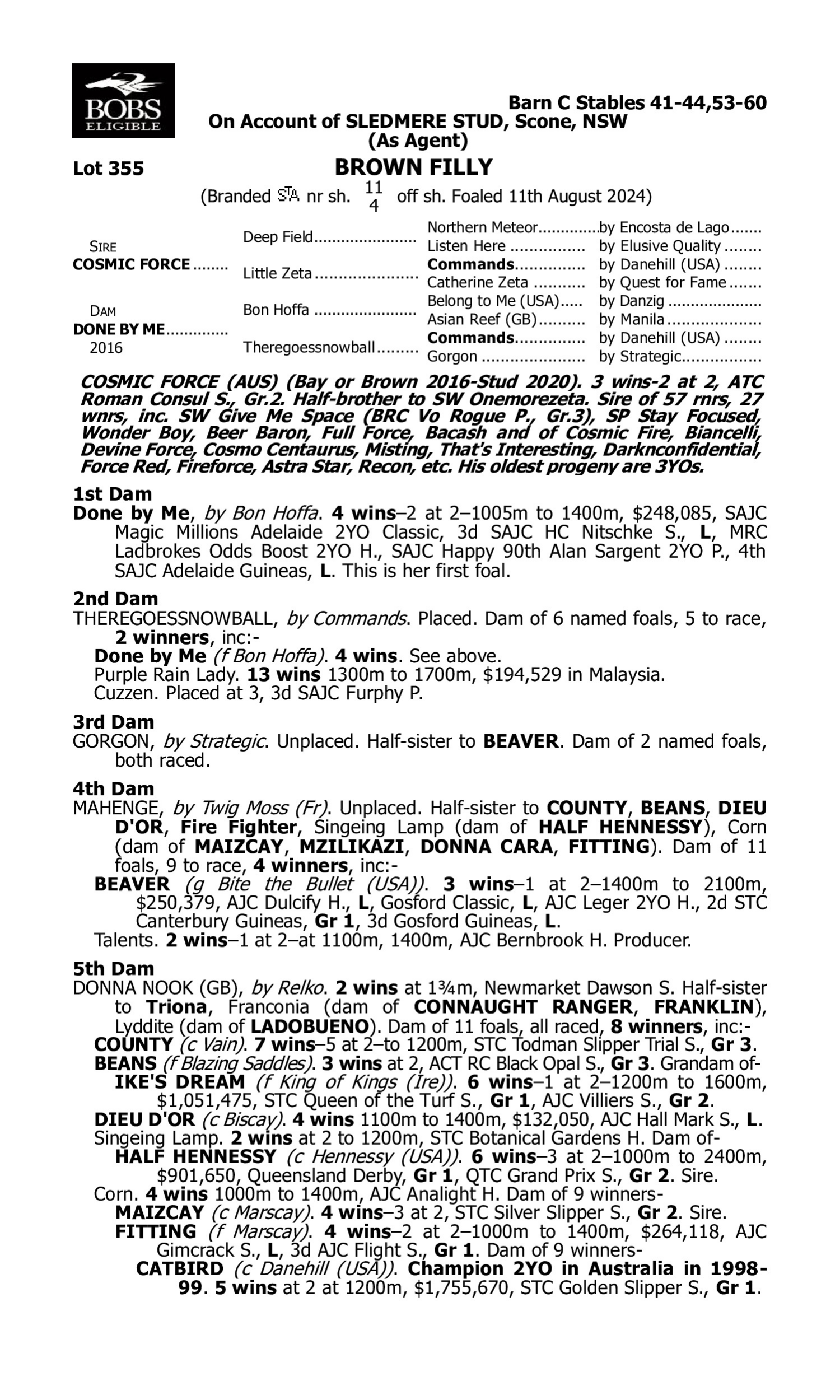 Pedigree for Lot 355 Cosmic Force - Done by Me