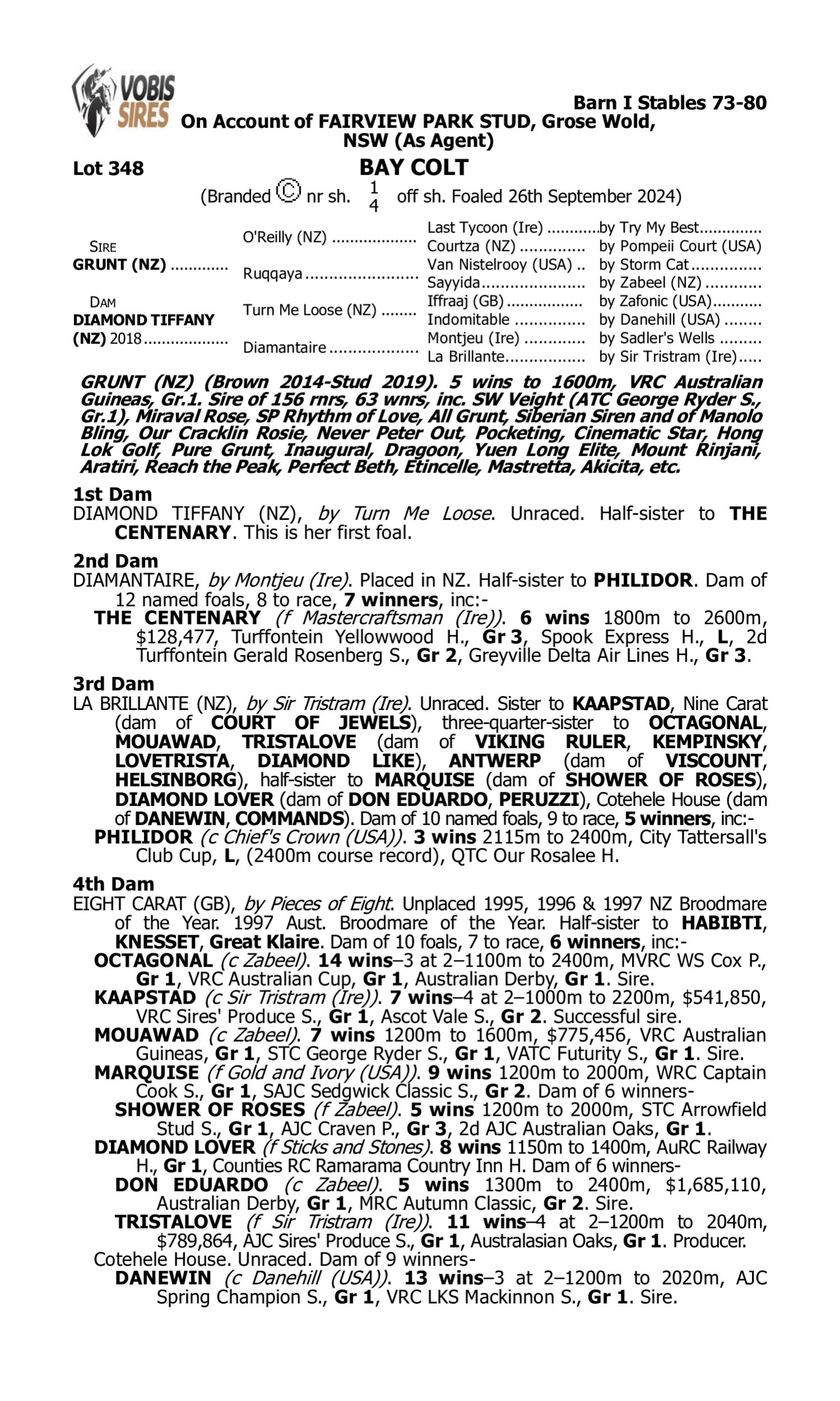 Pedigree for Lot 348 Grunt (NZ) - Diamond Tiffany (NZ)