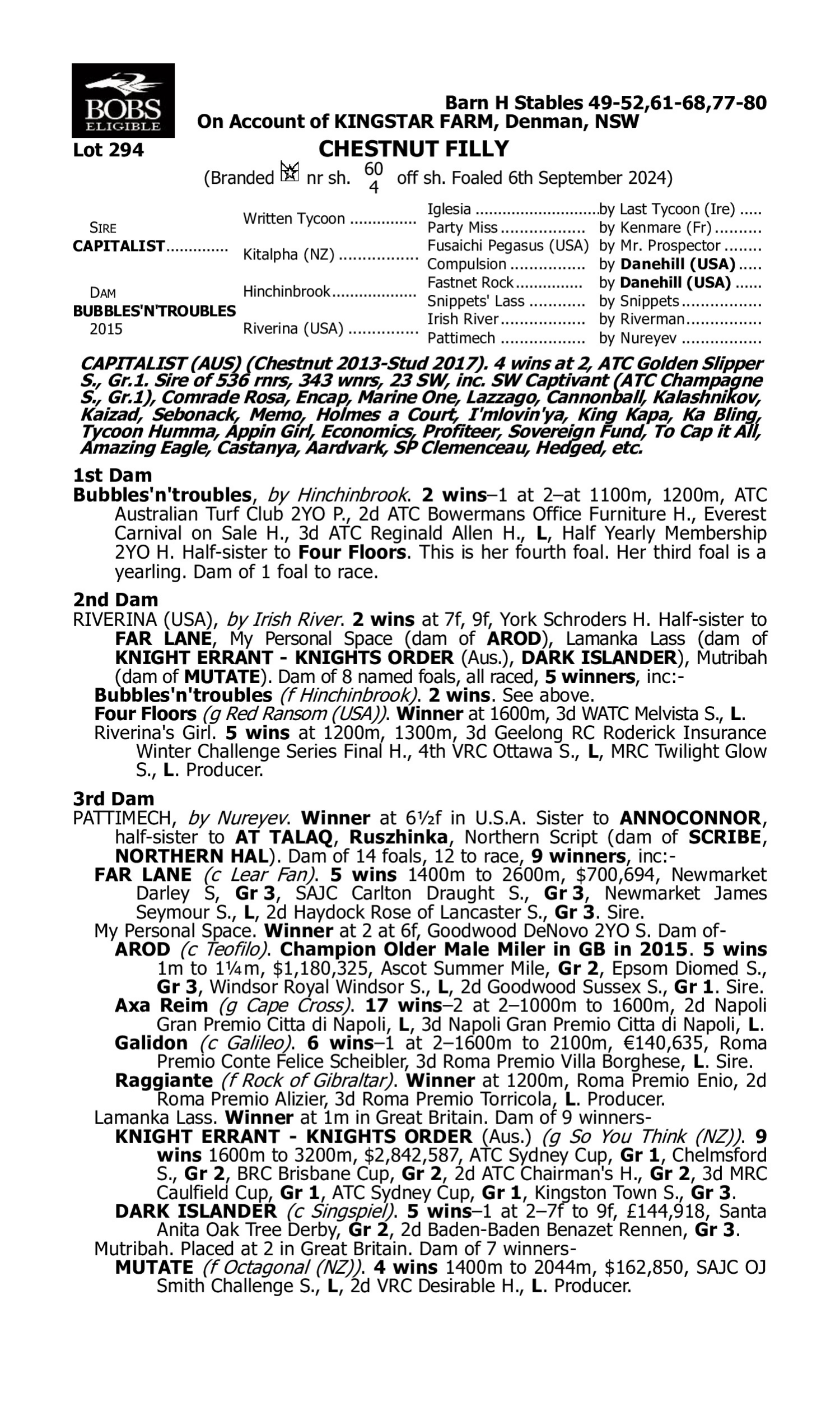 Pedigree for Lot 294 Capitalist - Bubbles'n'troubles