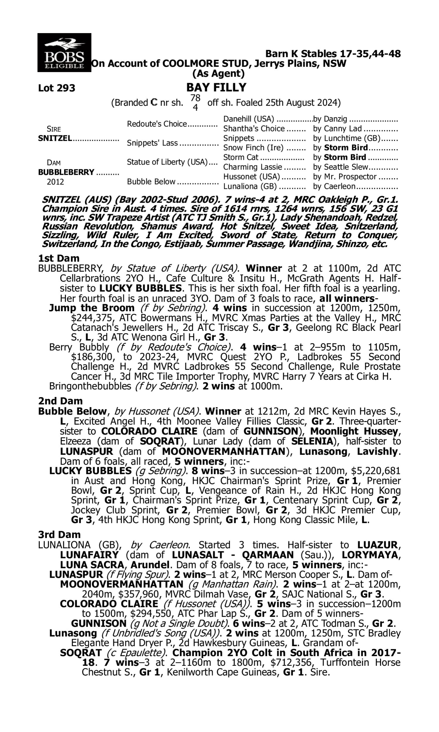 Pedigree for Lot 293 Snitzel - Bubbleberry