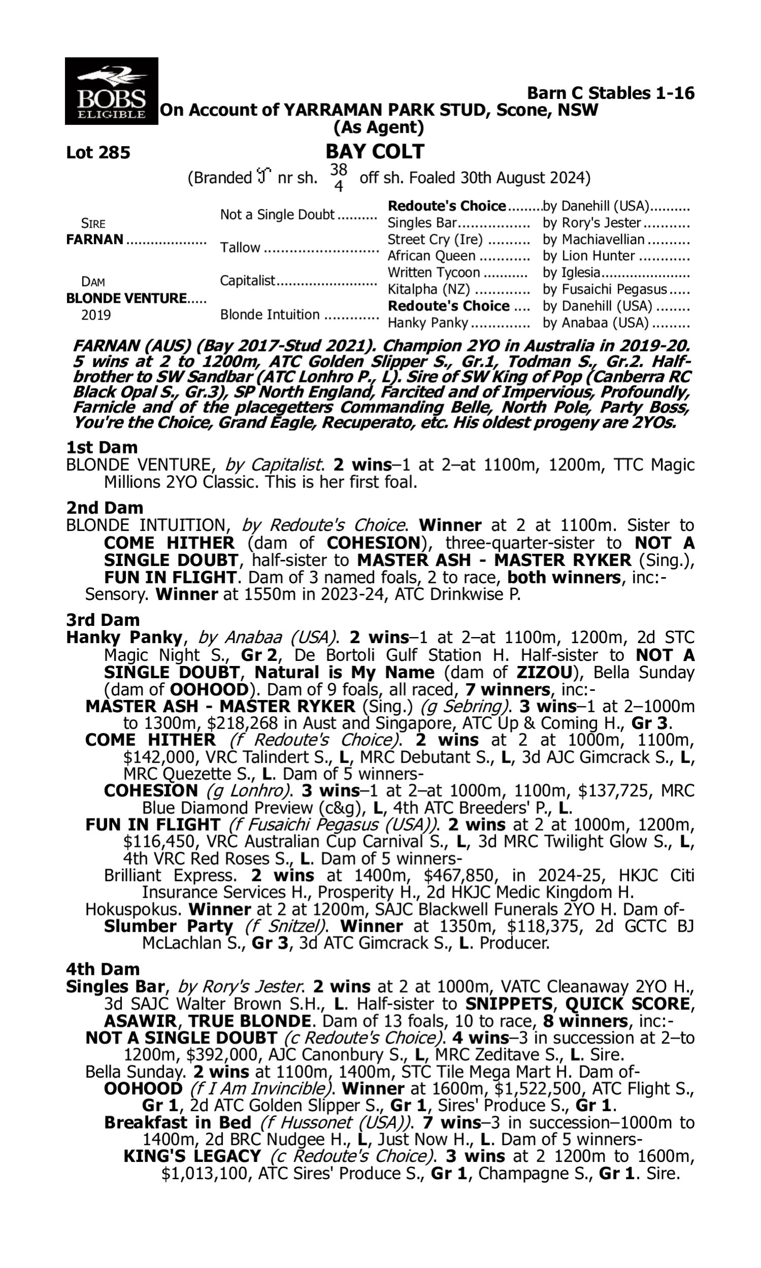 Pedigree for Lot 285 Farnan - Blonde Venture