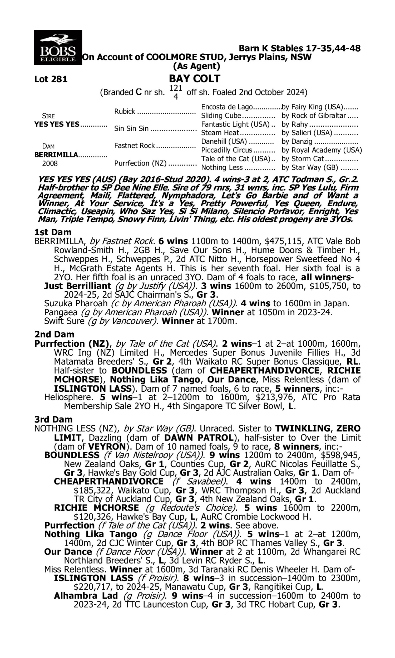 Pedigree for Lot 281 Yes Yes Yes - Berrimilla