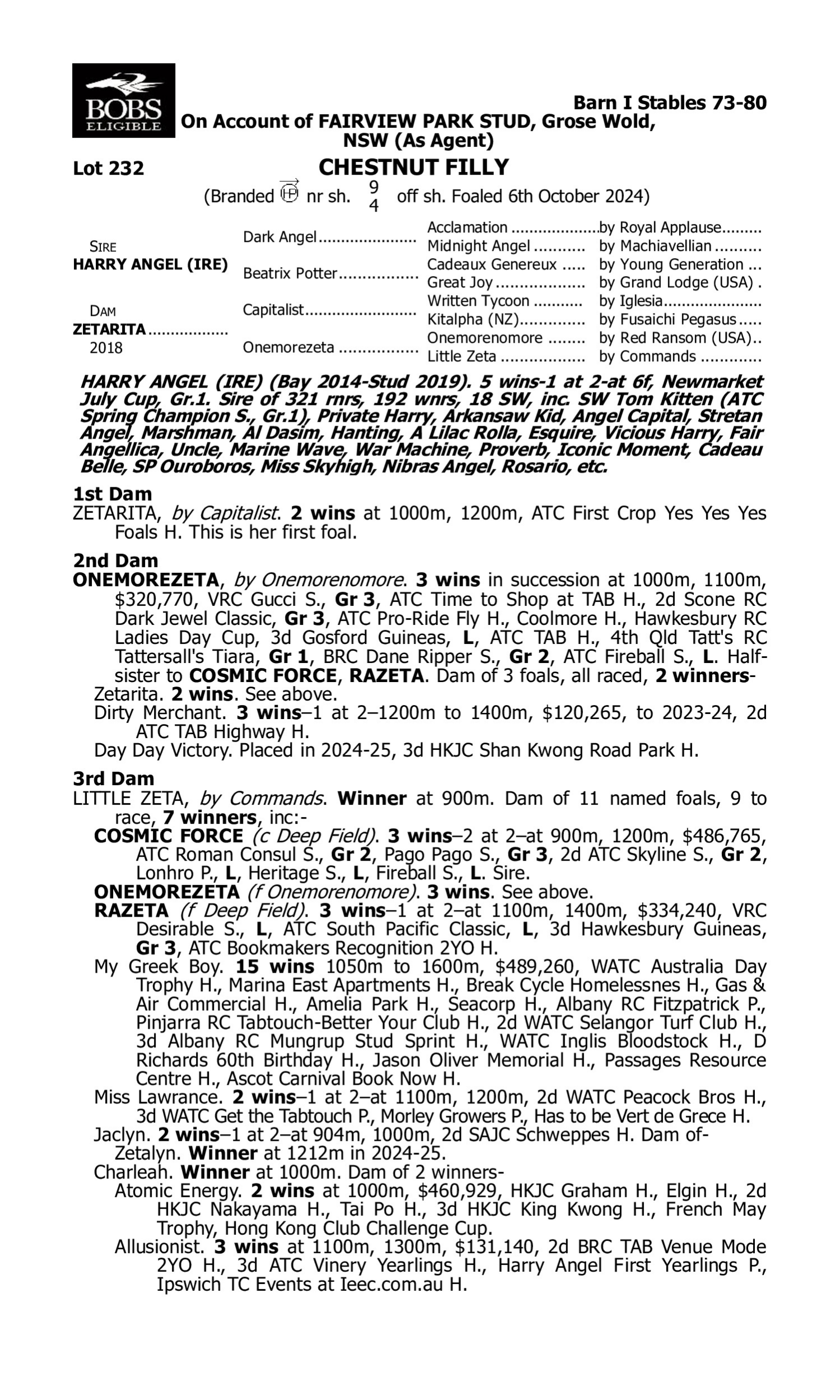 Pedigree for Lot 232 Harry Angel (IRE) - Zetarita