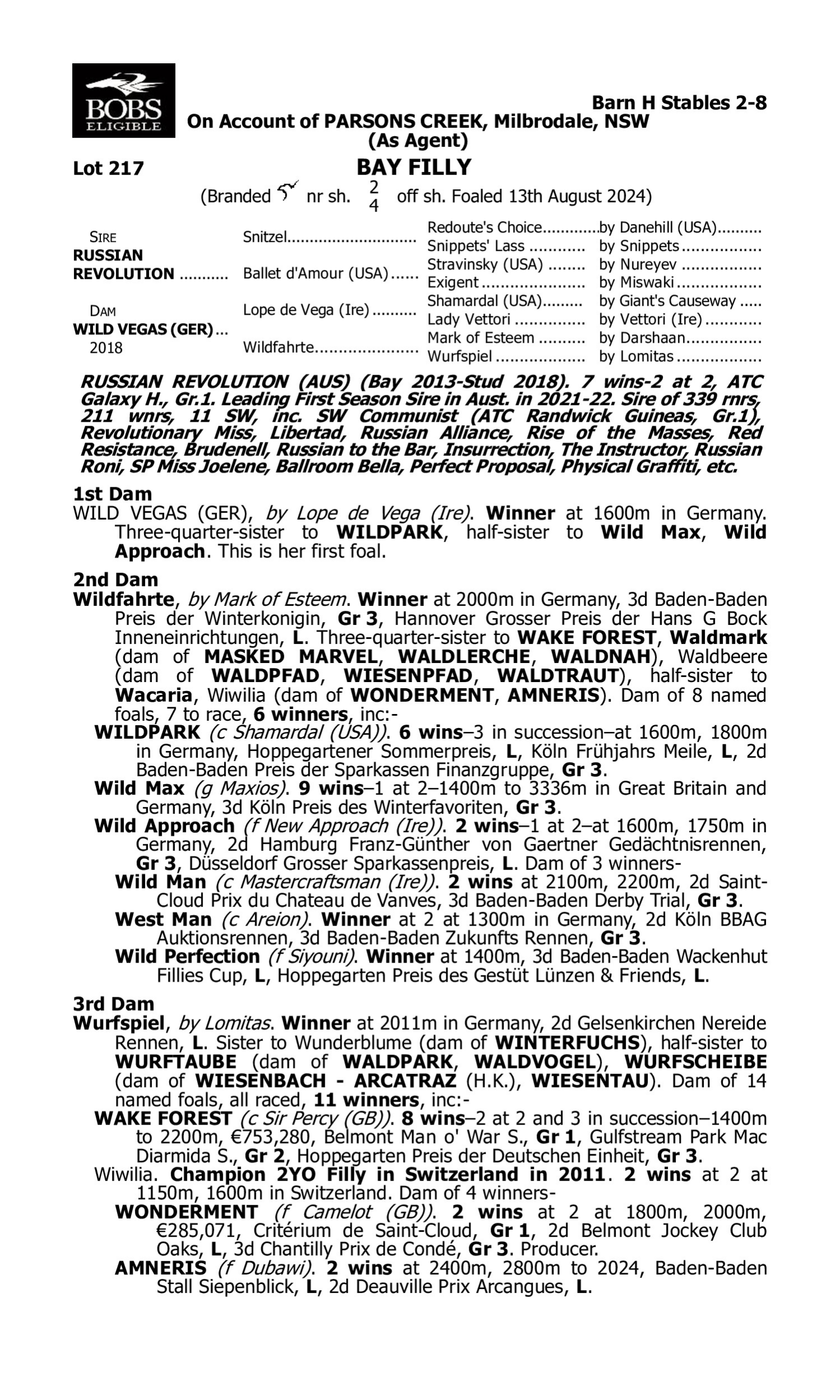 Pedigree for Lot 217 Russian Revolution - Wild Vegas (GER)