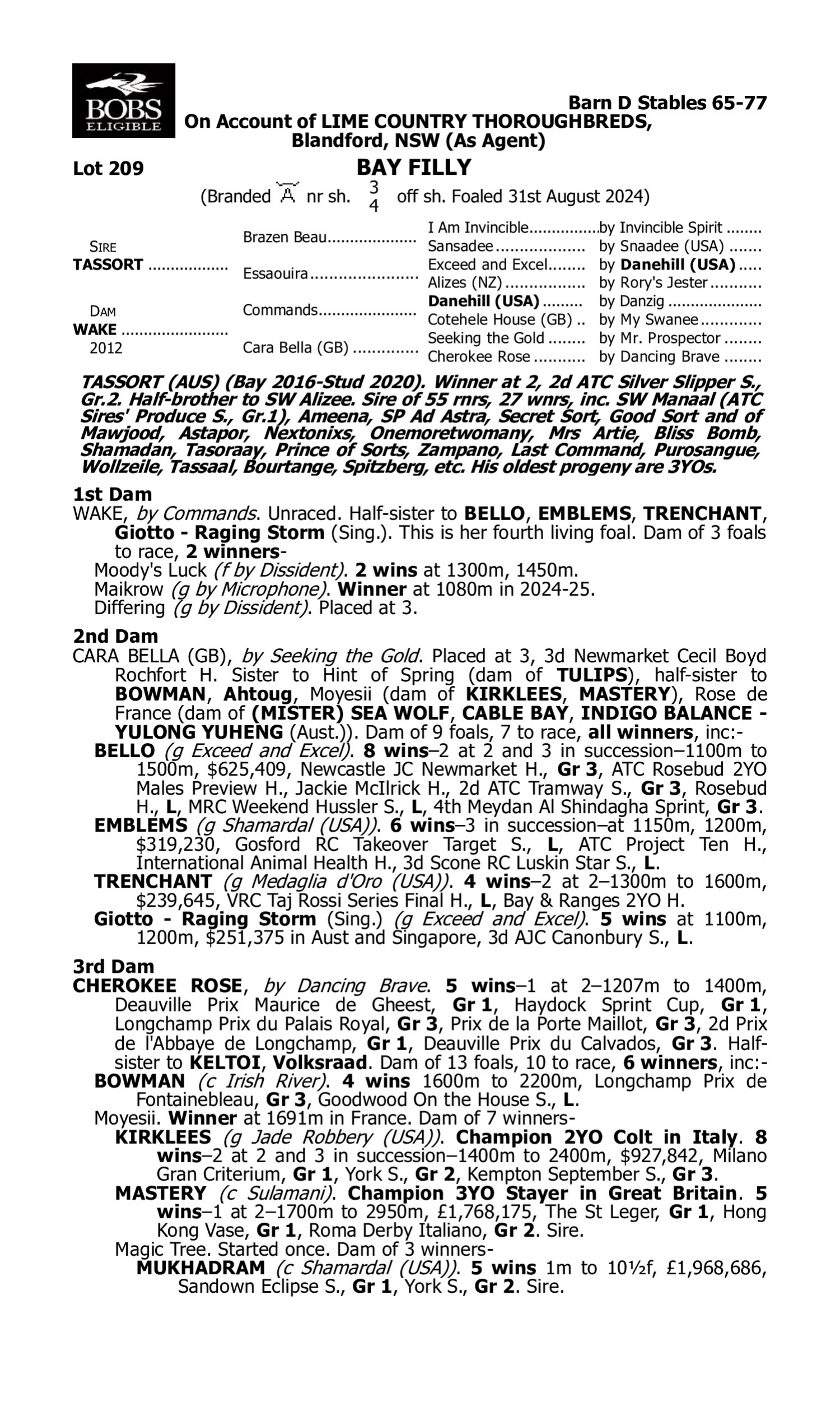 Pedigree for Lot 209 Tassort - Wake