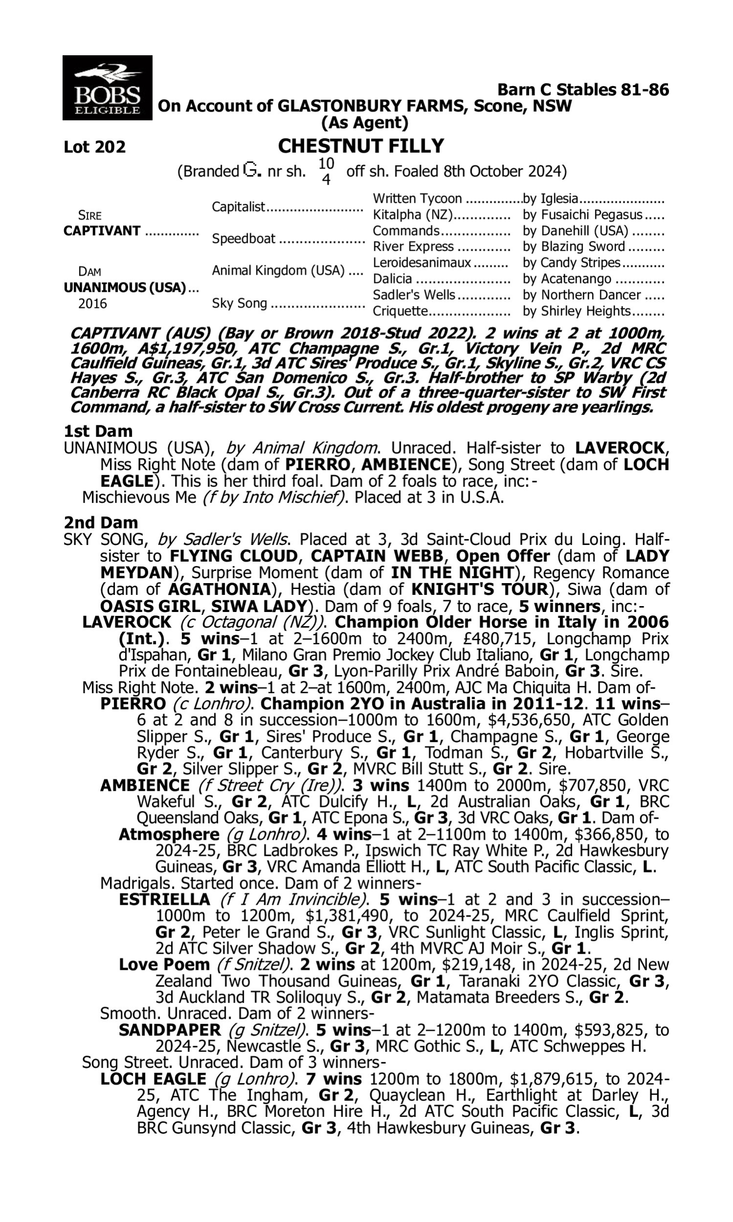 Pedigree for Lot 202 Captivant - Unanimous (USA)