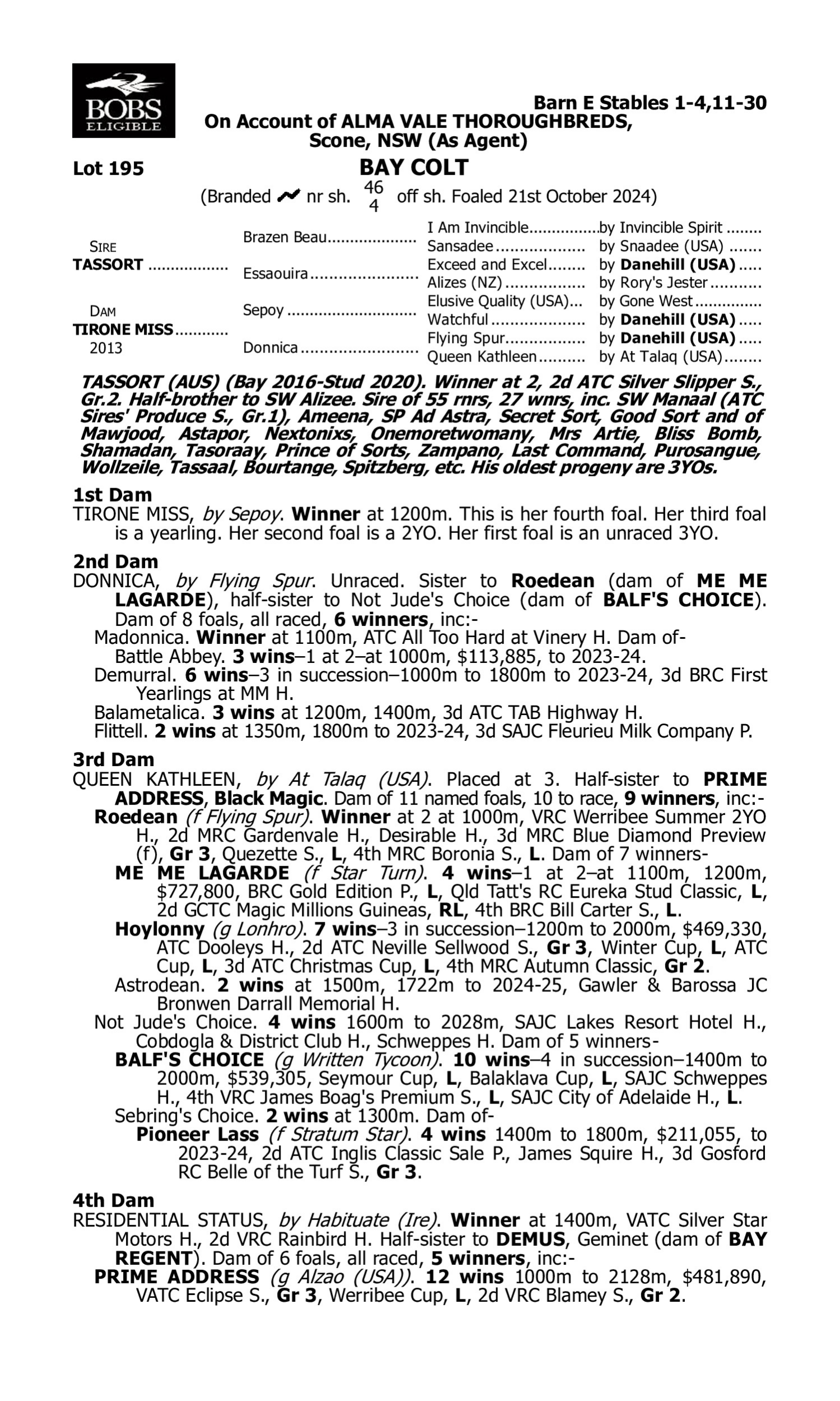 Pedigree for Lot 195 Tassort - Tirone Miss