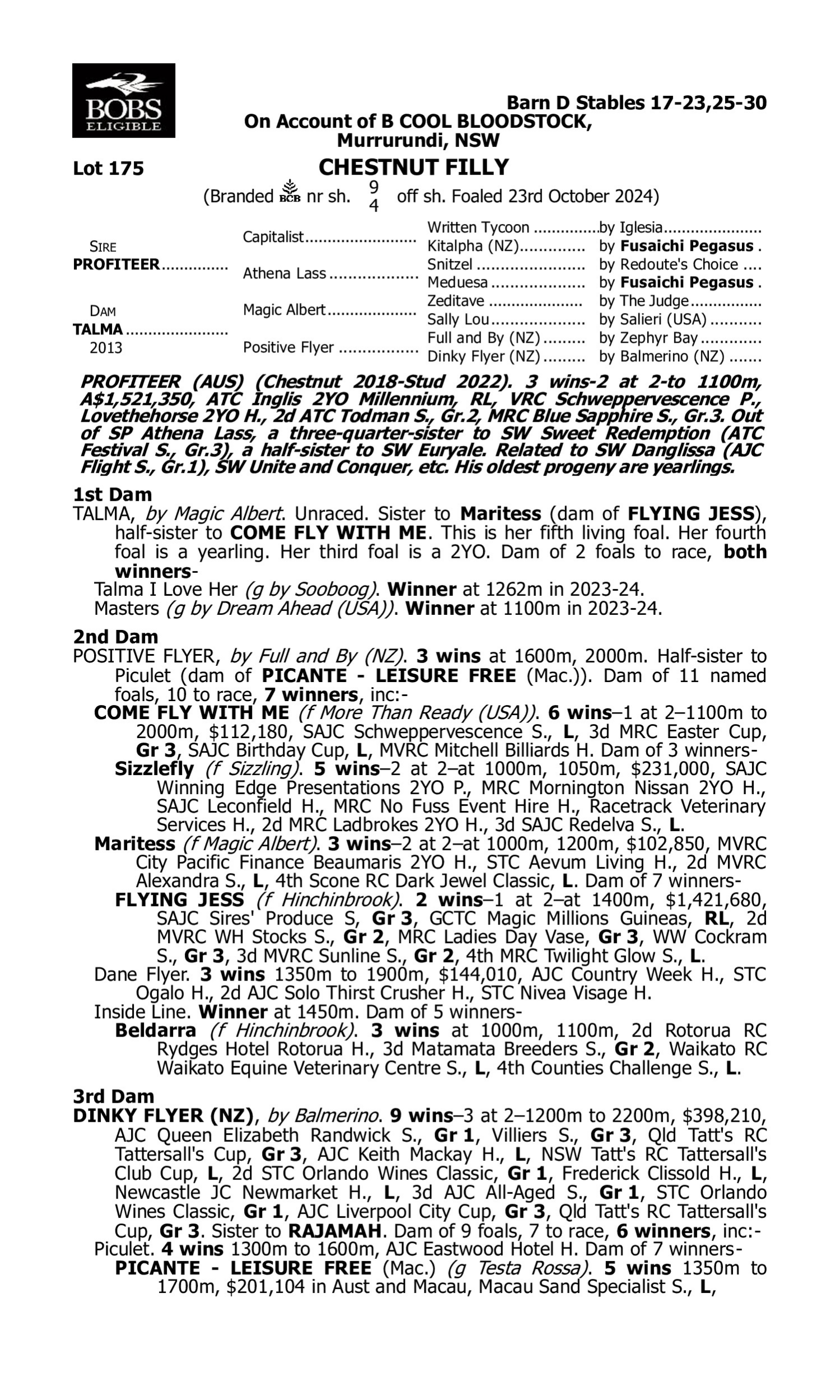 Pedigree for Lot 175 Profiteer - Talma