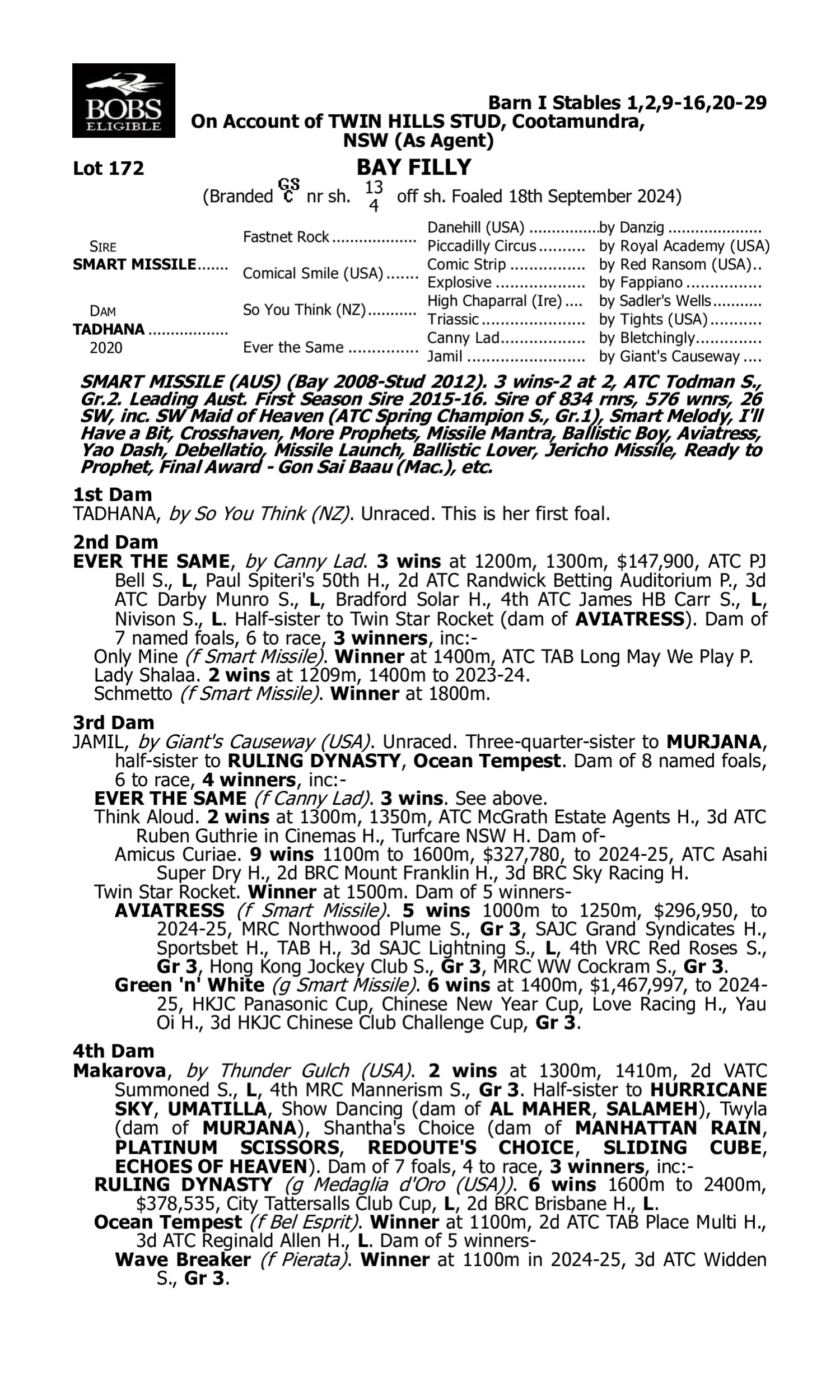Pedigree for Lot 172 Smart Missile - Tadhana