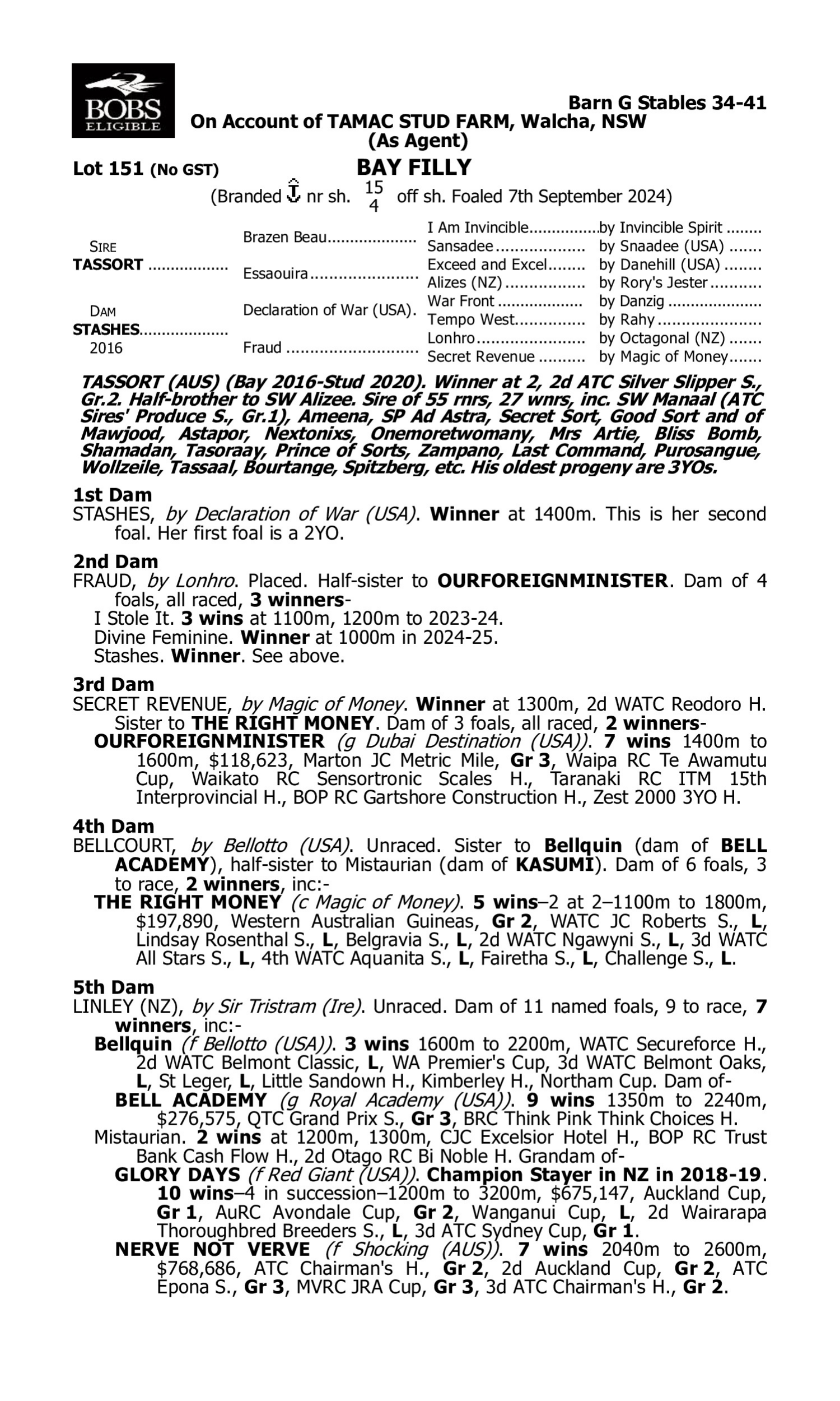 Pedigree for Lot 151 Tassort - Stashes