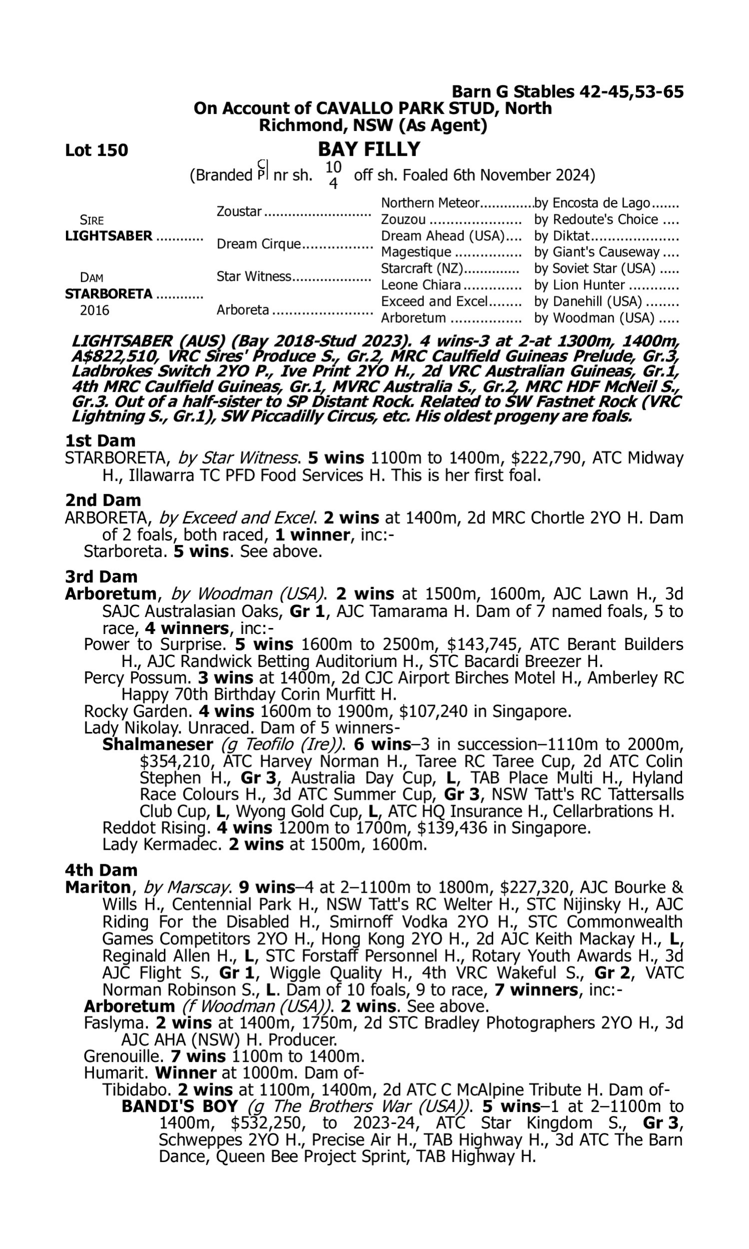 Pedigree for Lot 150 Lightsaber - Starboreta