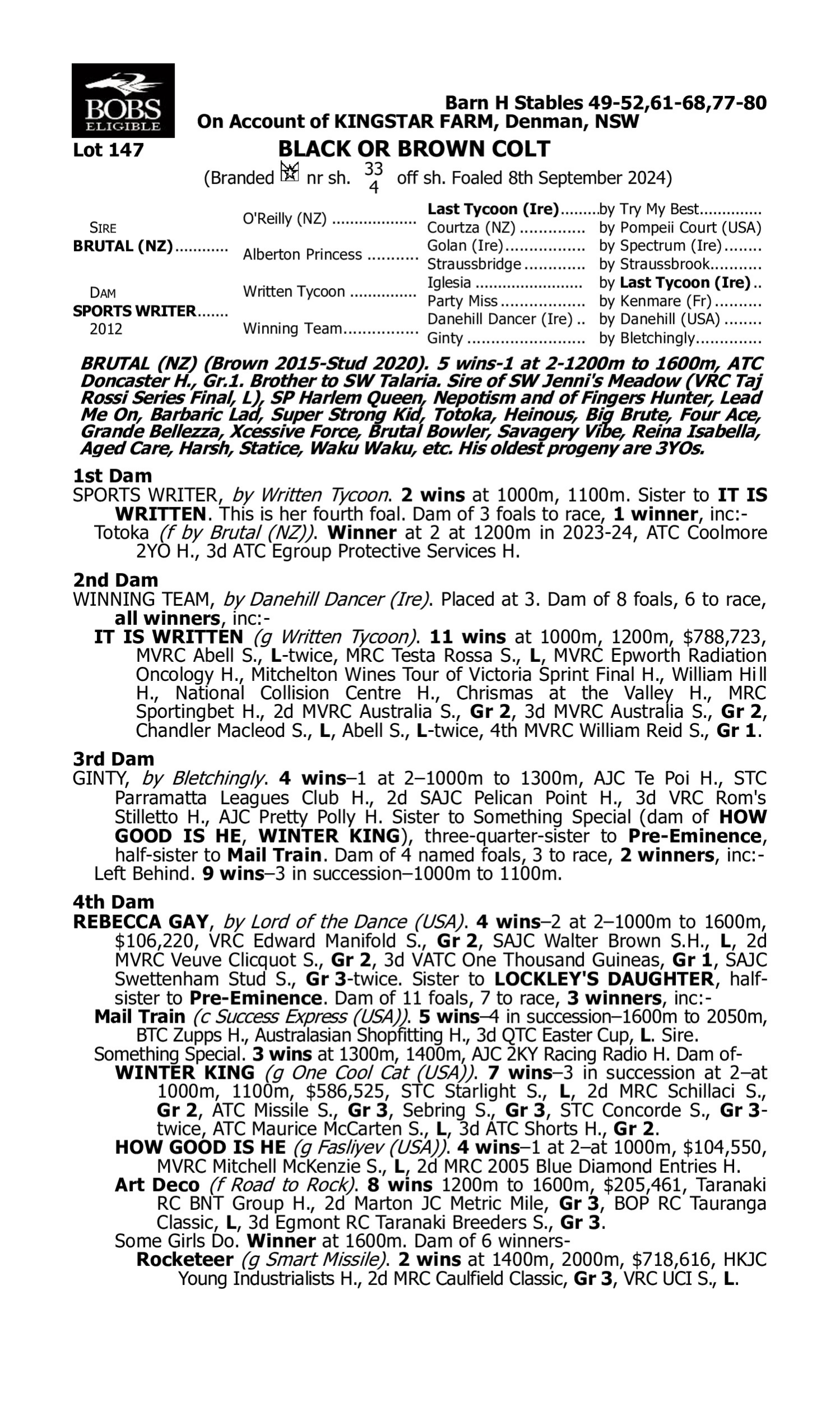 Pedigree for Lot 147 Brutal (NZ) - Sports Writer