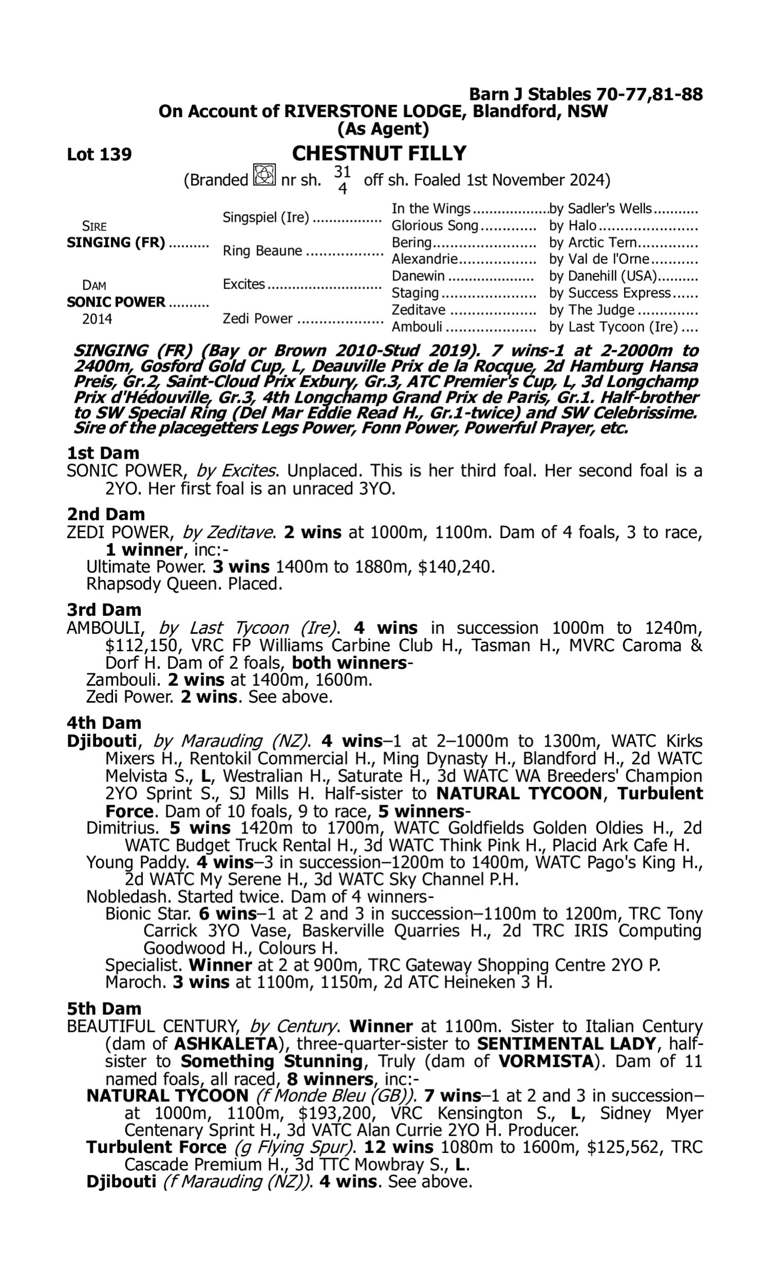 Pedigree for Lot 139 Singing (FR) - Sonic Power