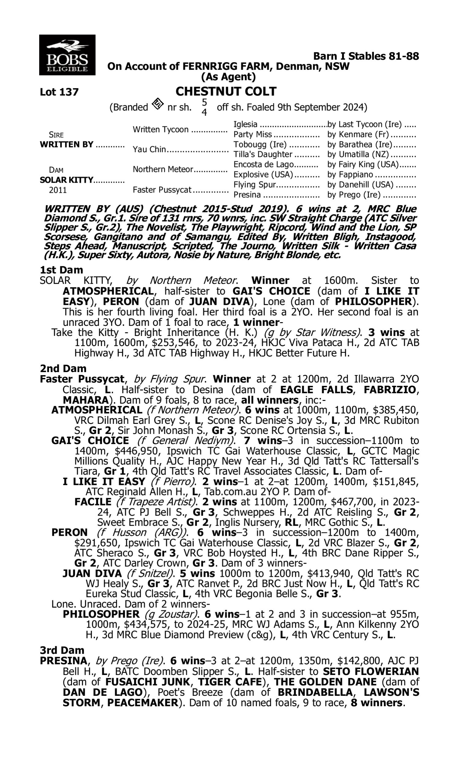Pedigree for Lot 137 Written By - Solar Kitty