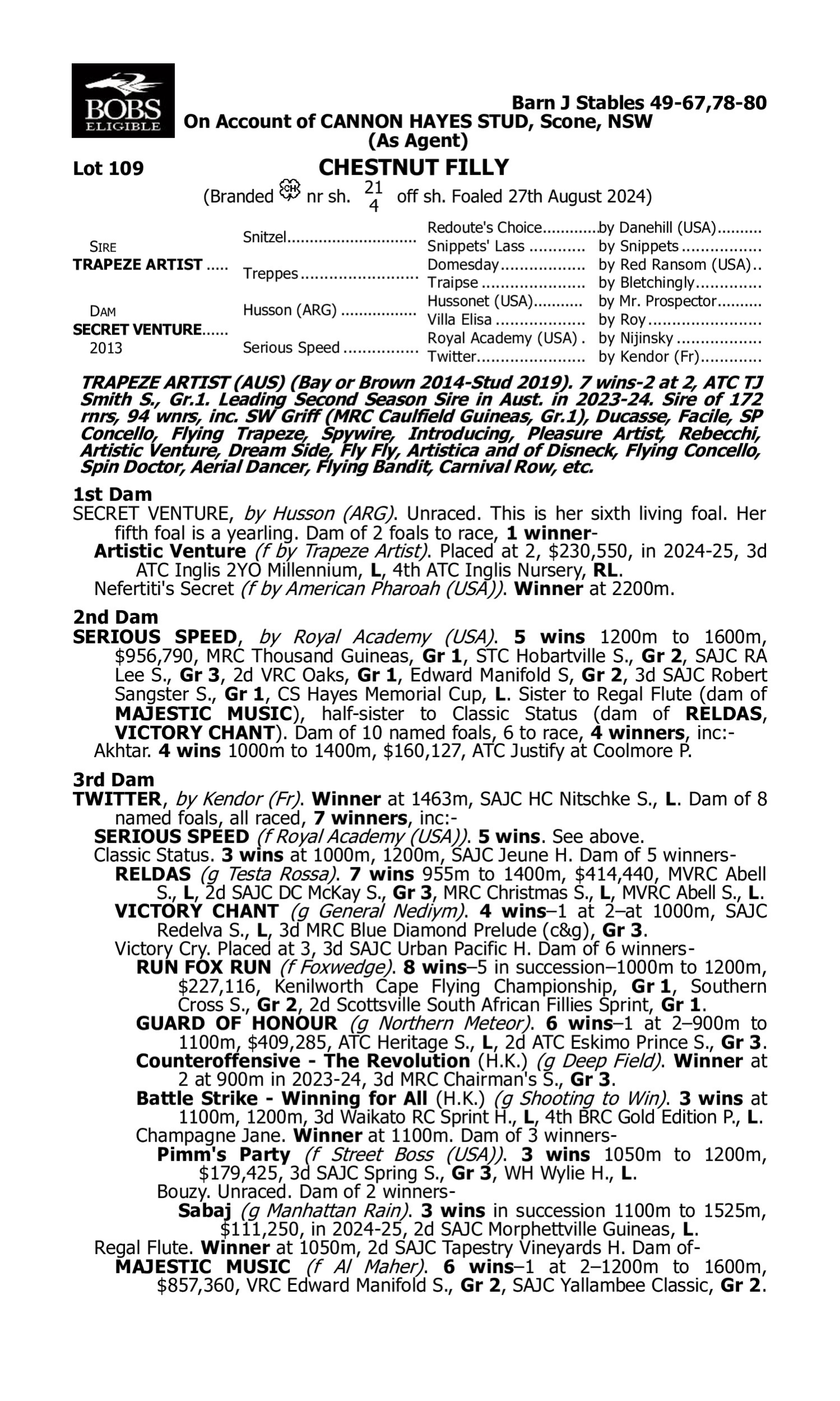 Pedigree for Lot 109 Trapeze Artist - Secret Venture