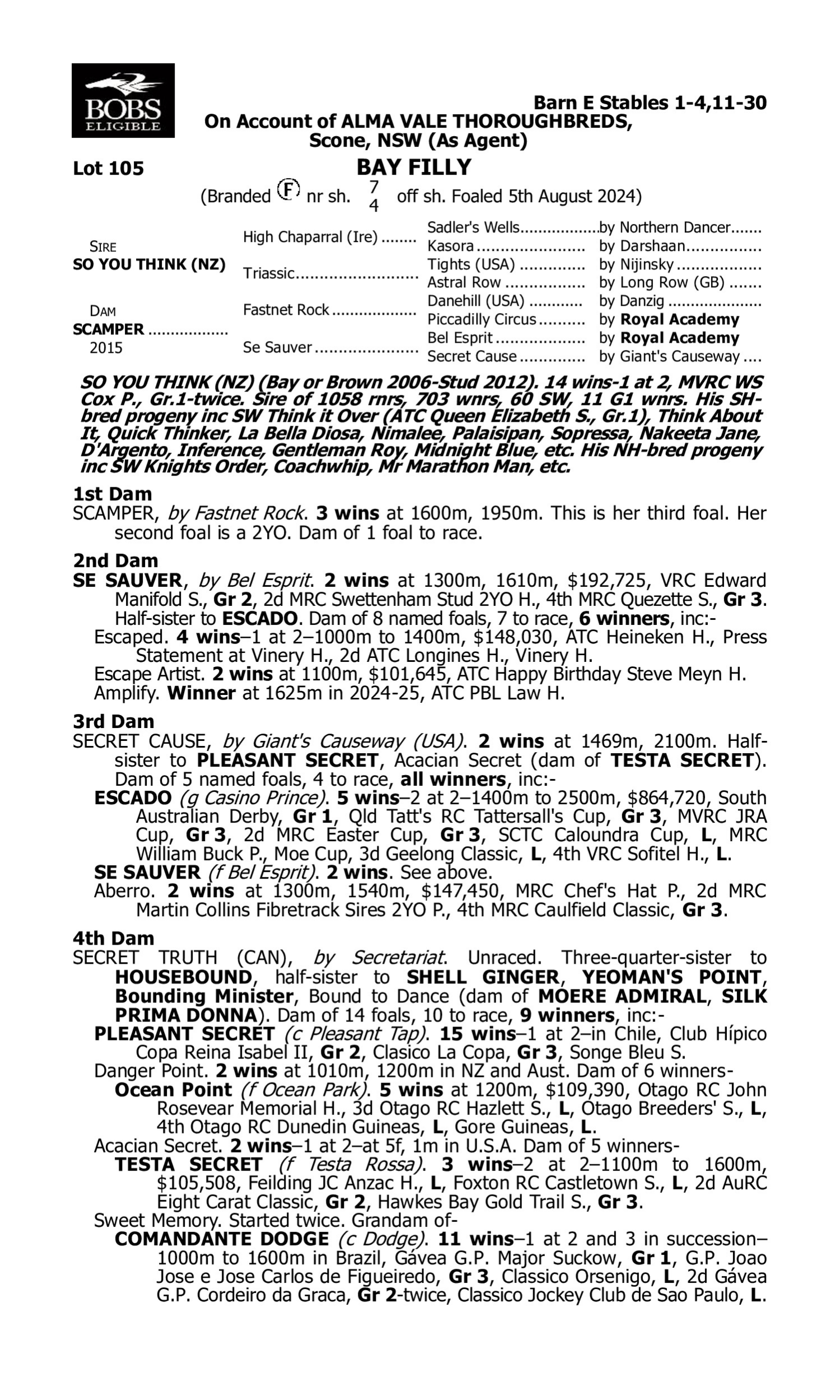 Pedigree for Lot 105 So You Think (NZ) - Scamper