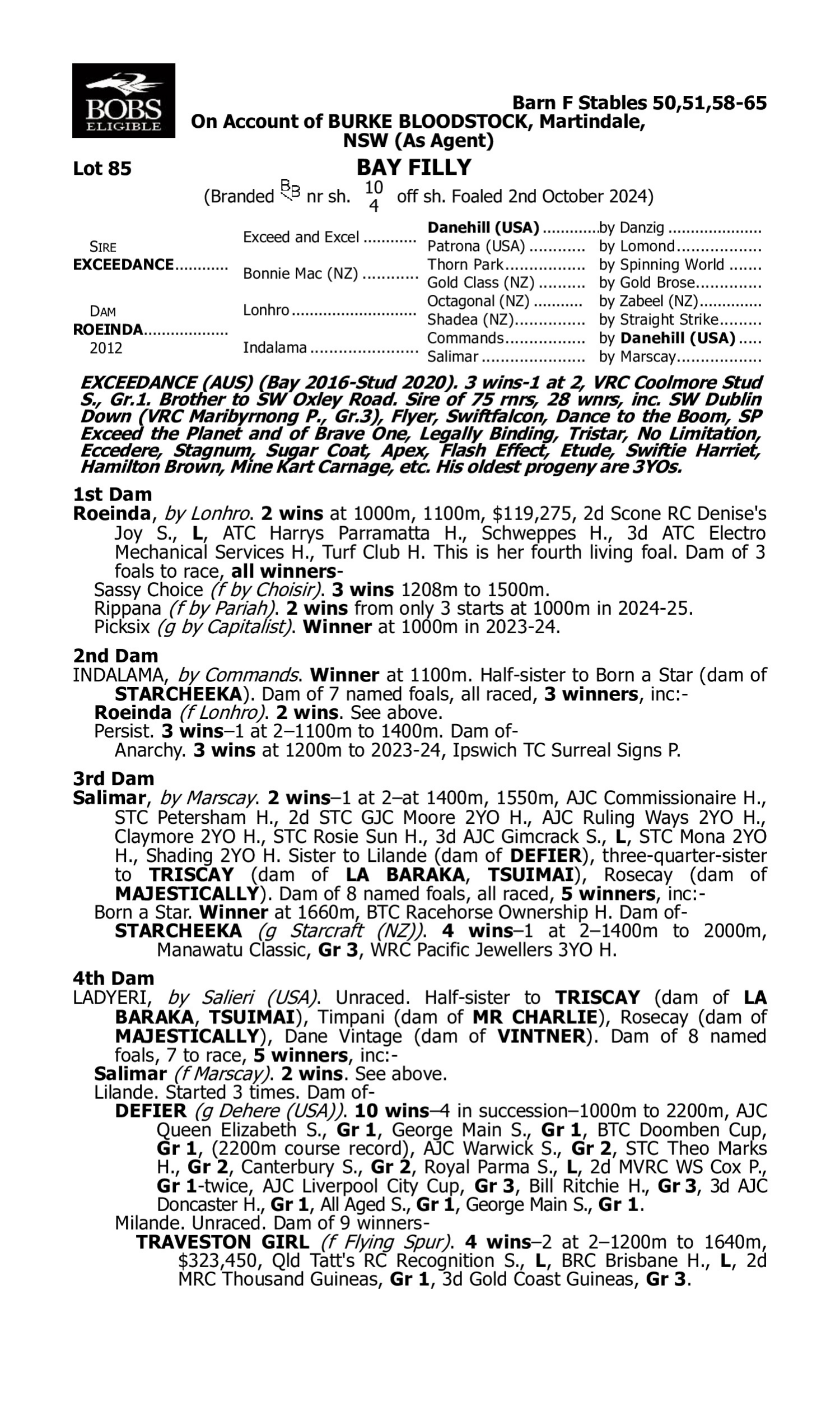 Pedigree for Lot 85 Exceedance - Roeinda