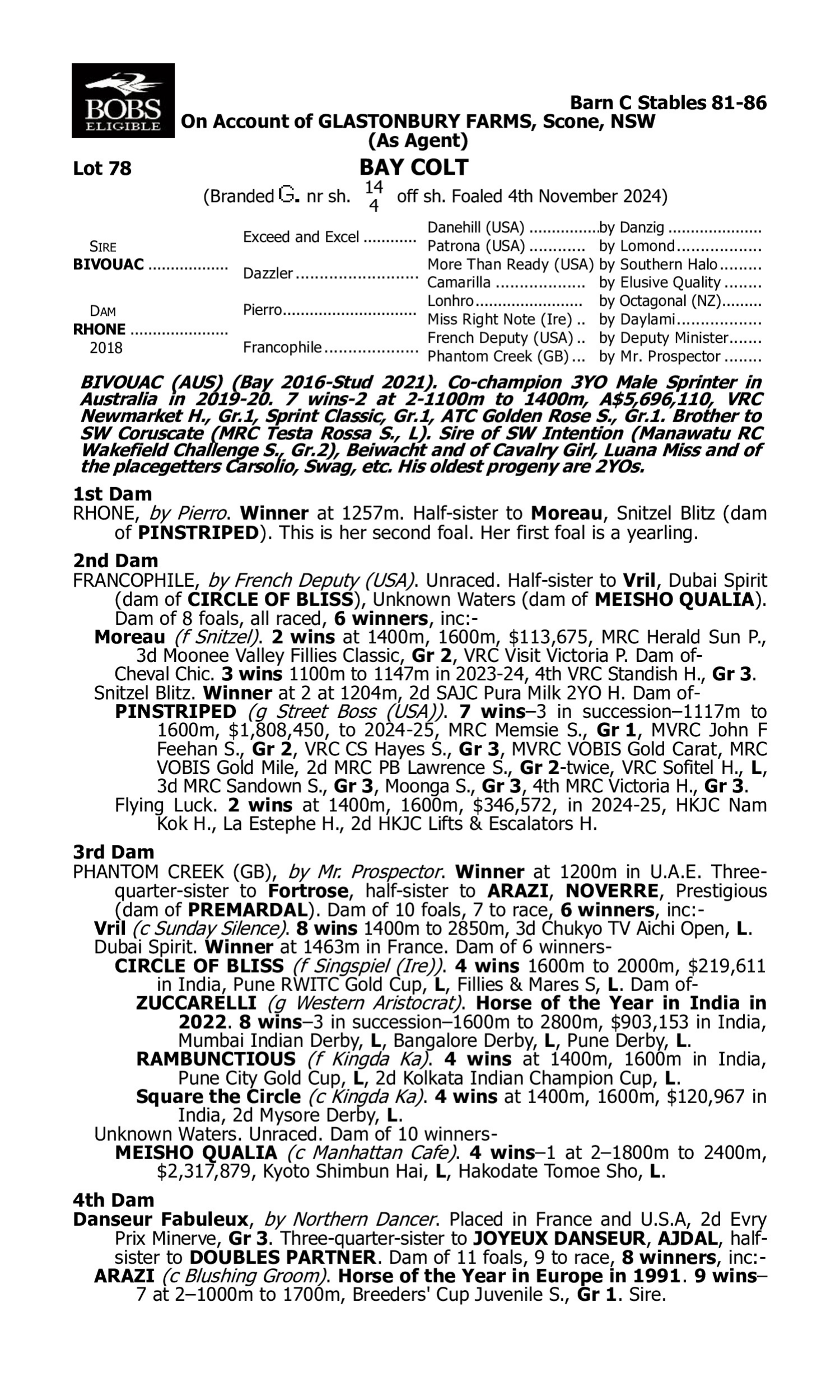 Pedigree for Lot 78 Bivouac - Rhone