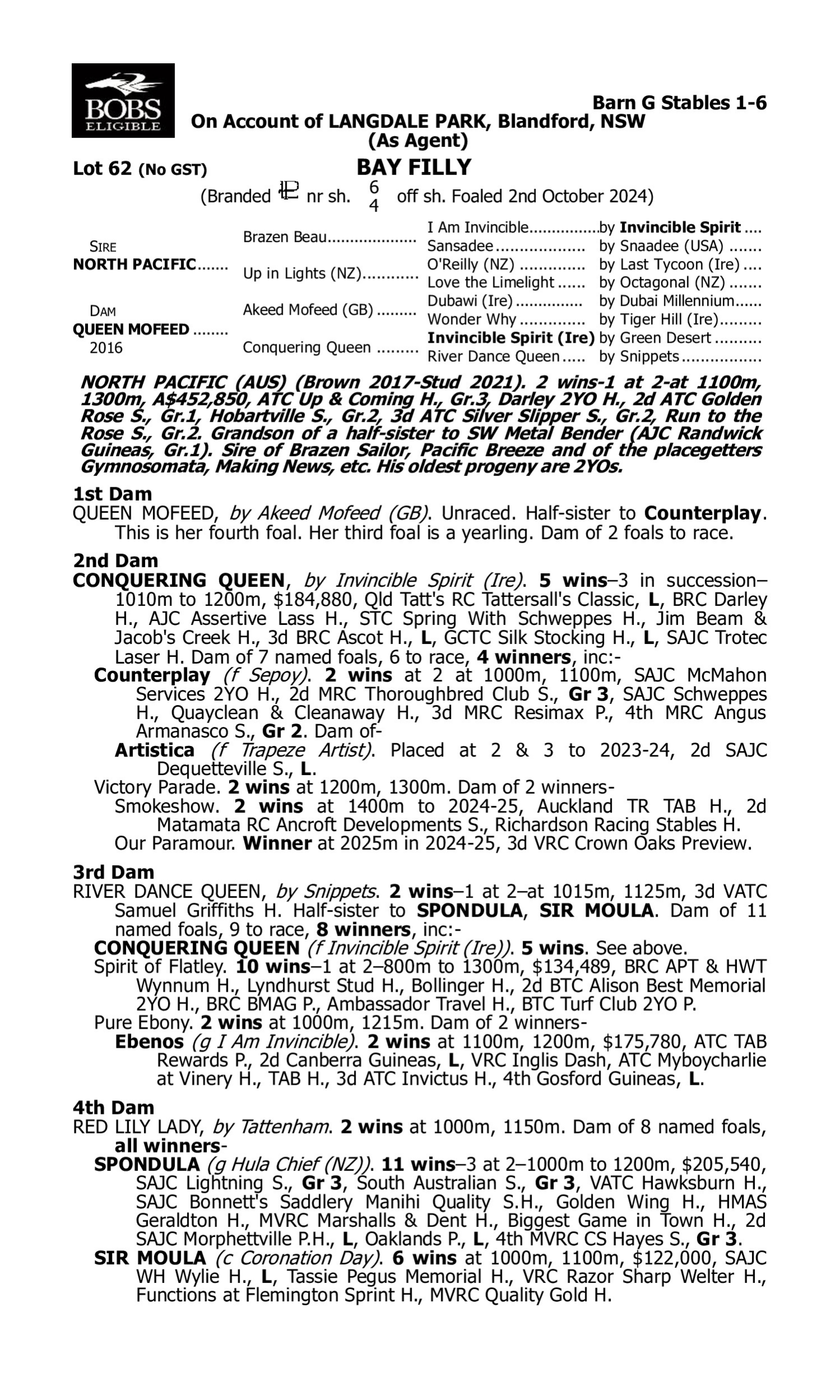 Pedigree for Lot 62 North Pacific - Queen Mofeed
