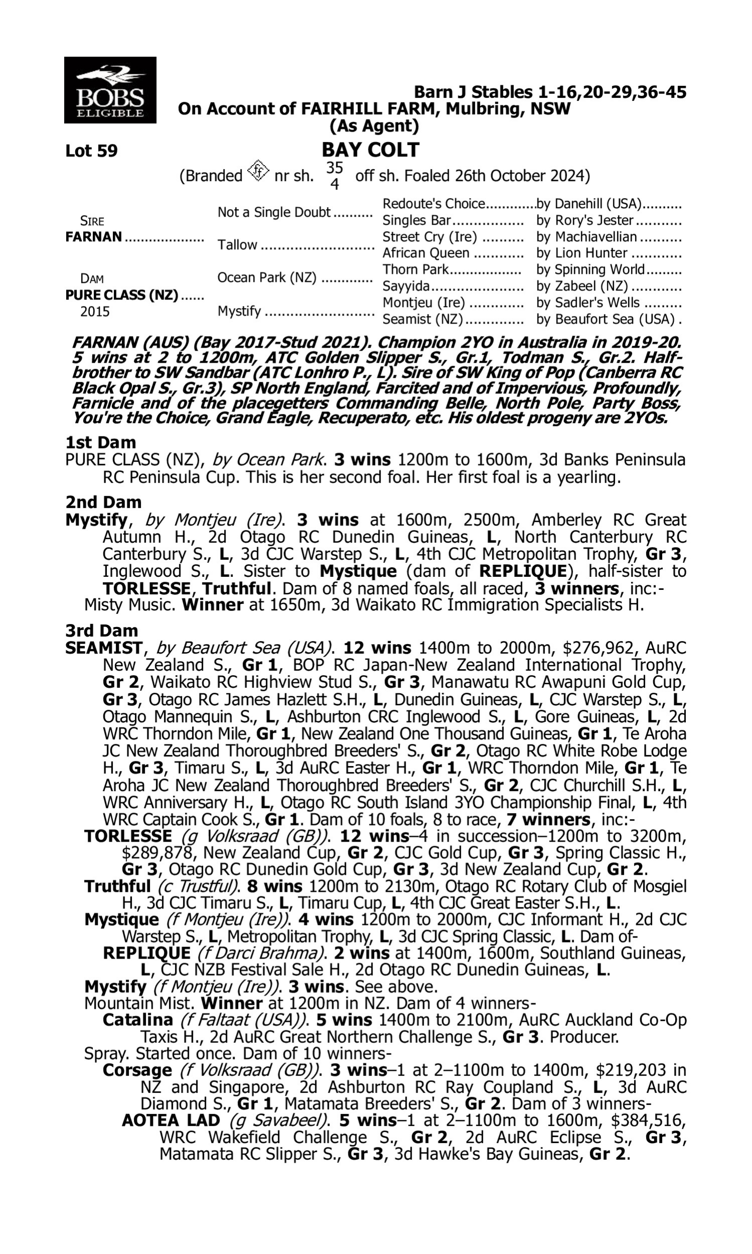 Pedigree for Lot 59 Farnan - Pure Class (NZ)