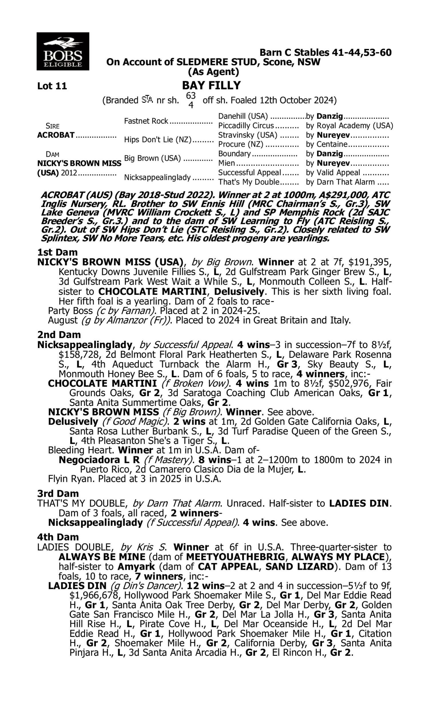 Pedigree for Lot 11 Acrobat - Nicky's Brown Miss (USA)