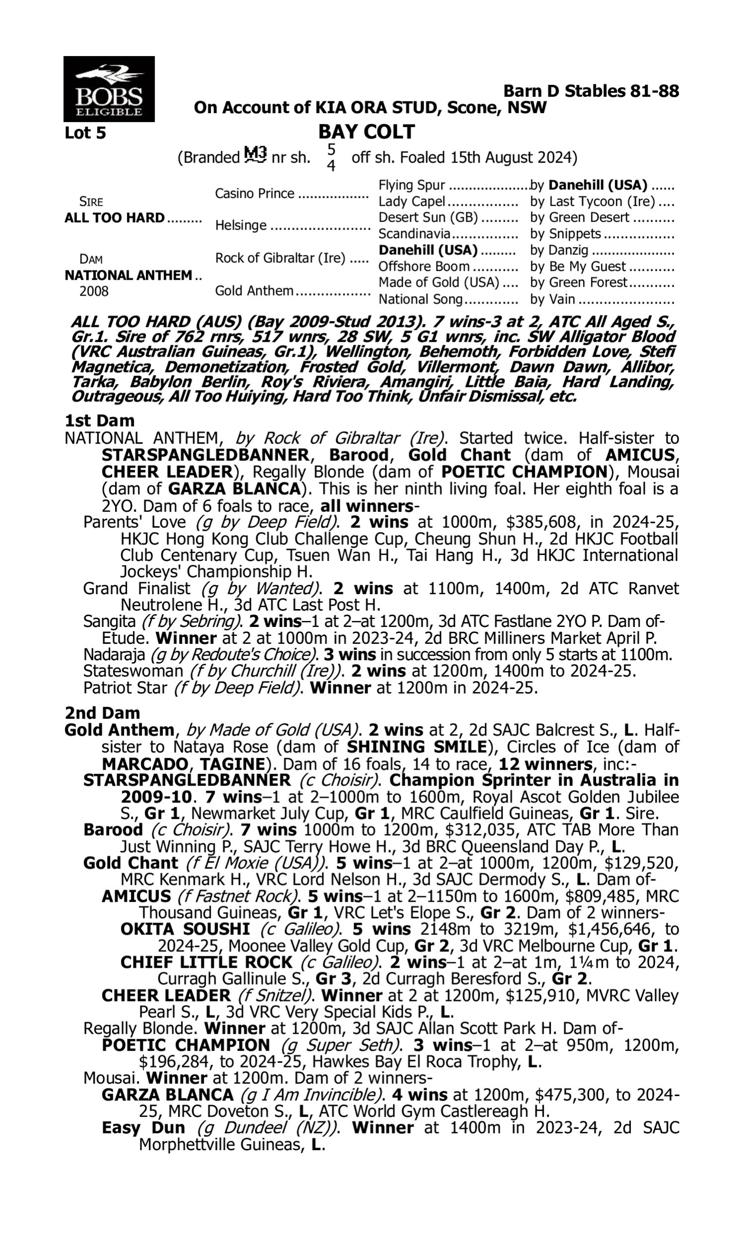 Pedigree for Lot 5 All Too Hard - National Anthem