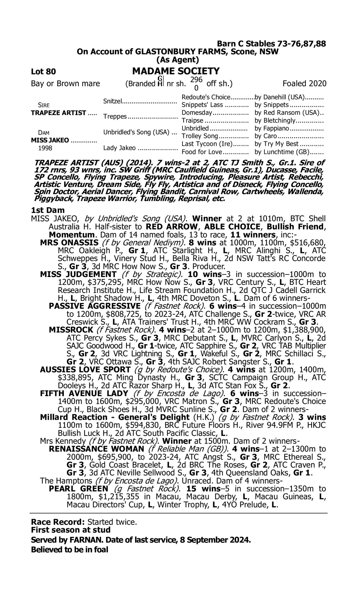 Pedigree for Lot 80 Trapeze Artist - Miss Jakeo