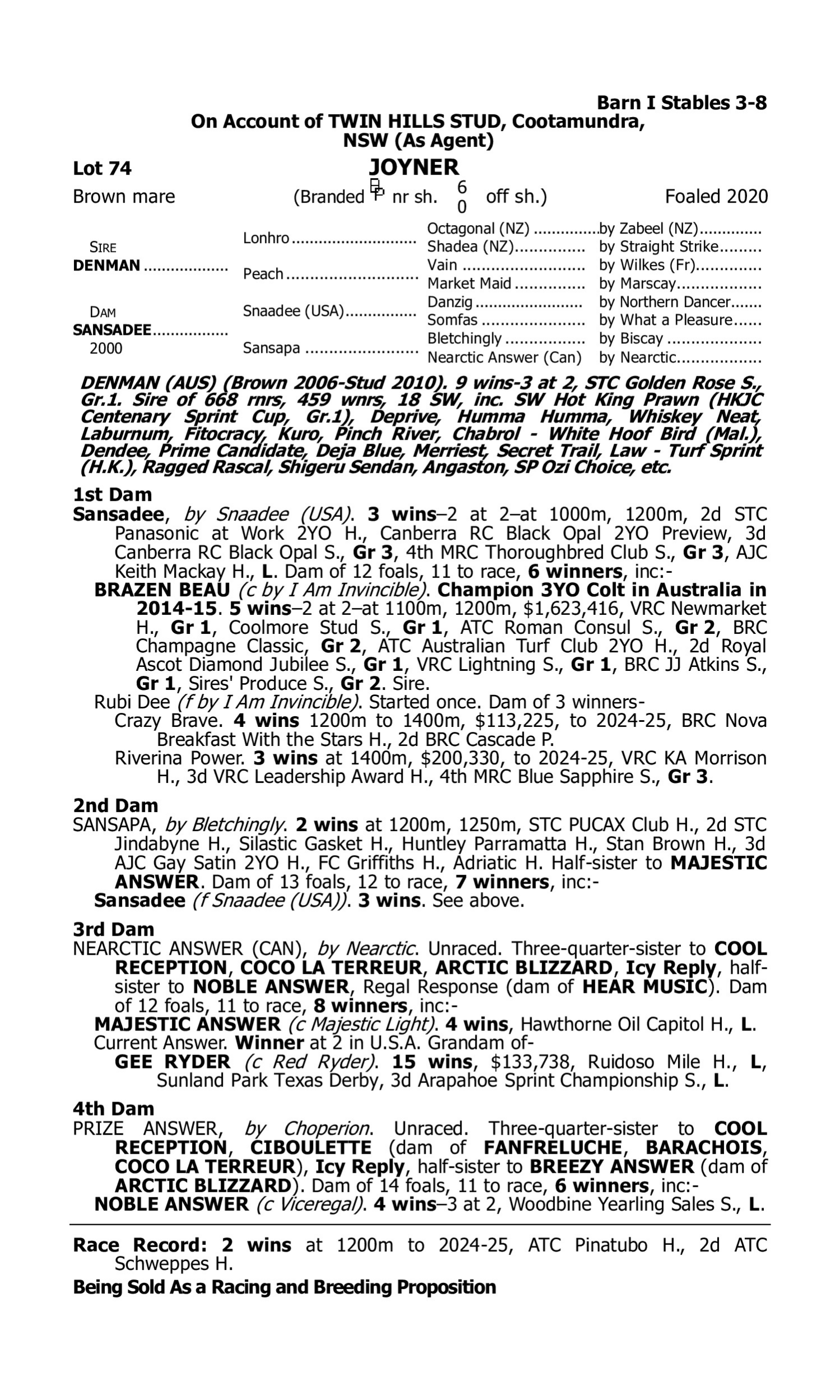 Pedigree for Lot 74 Denman - Sansadee
