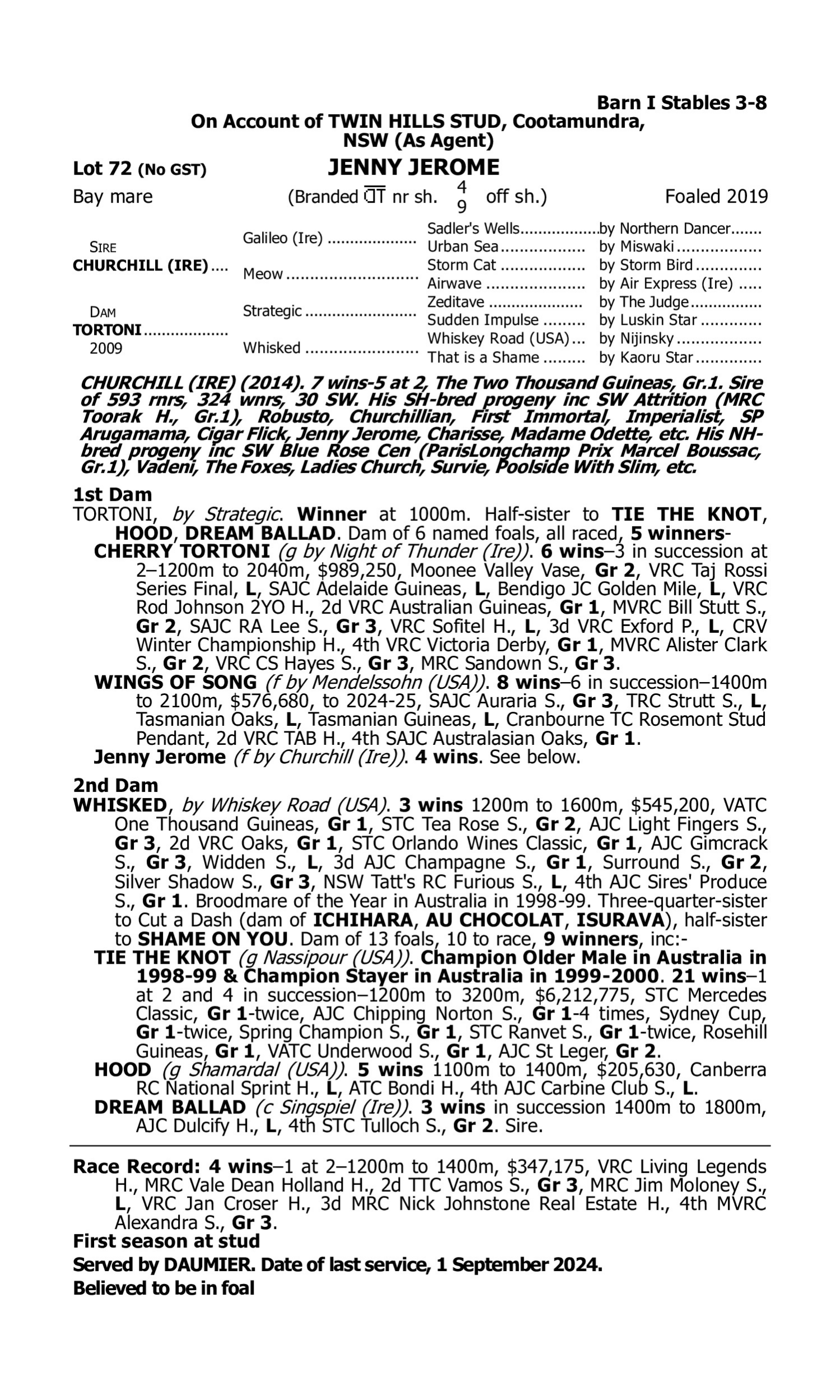 Pedigree for Lot 72 Churchill (IRE) - Tortoni