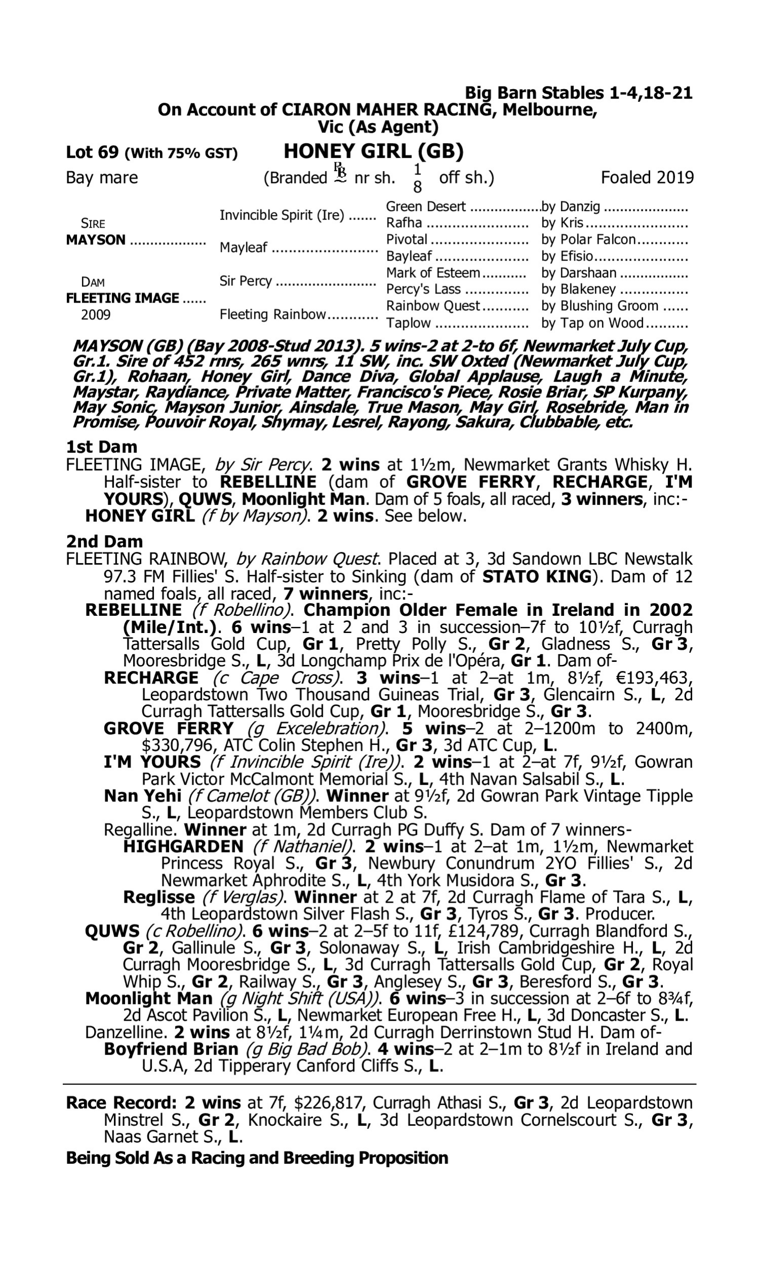 Pedigree for Lot 69 Mayson (GB) - Fleeting Image (GB)