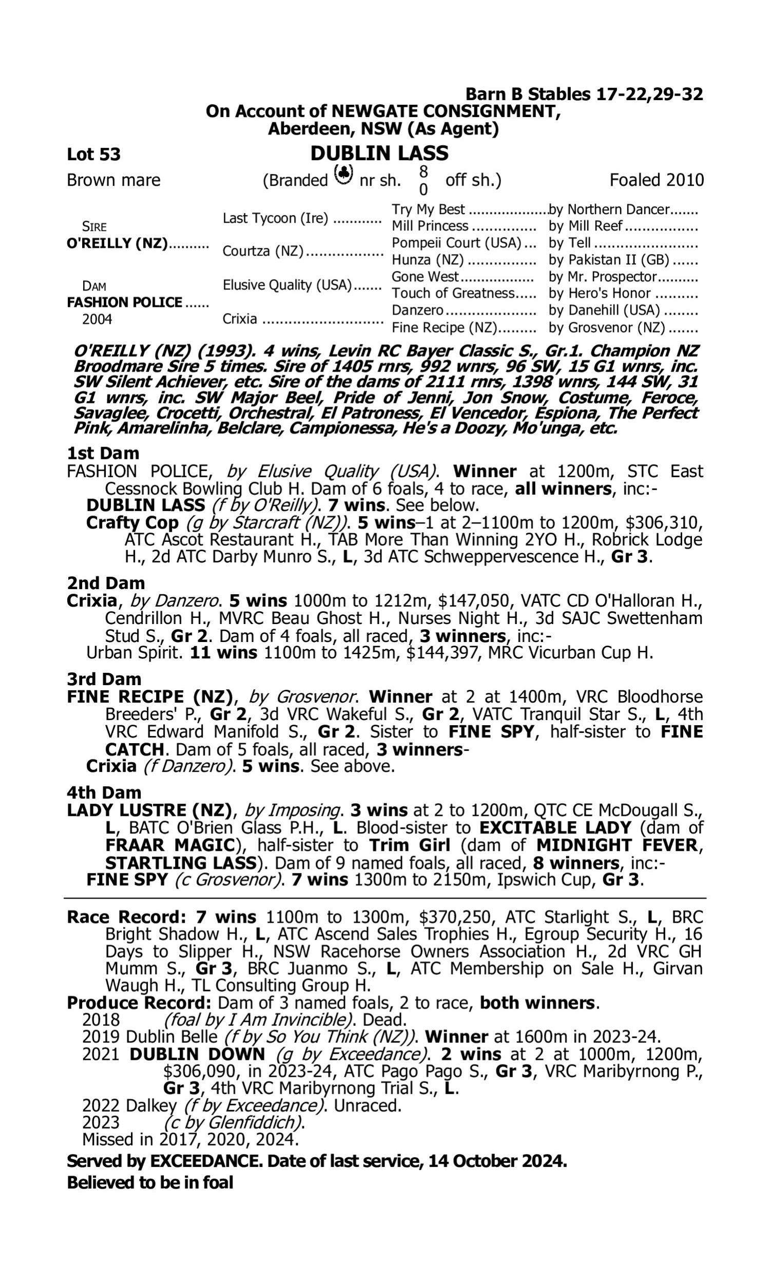 Pedigree for Lot 53 O'Reilly (NZ) - Fashion Police