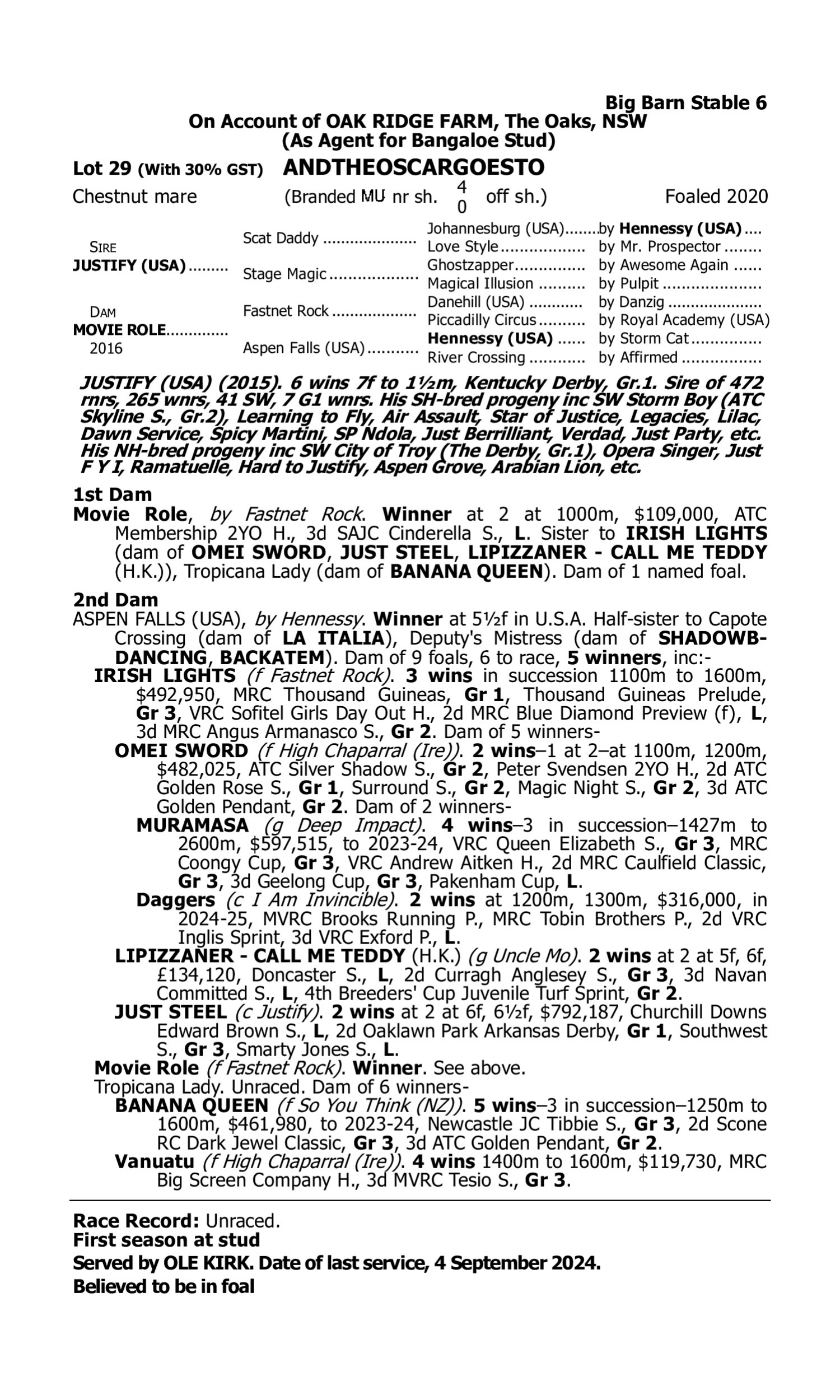 Pedigree for Lot 29 Justify (USA) - Movie Role
