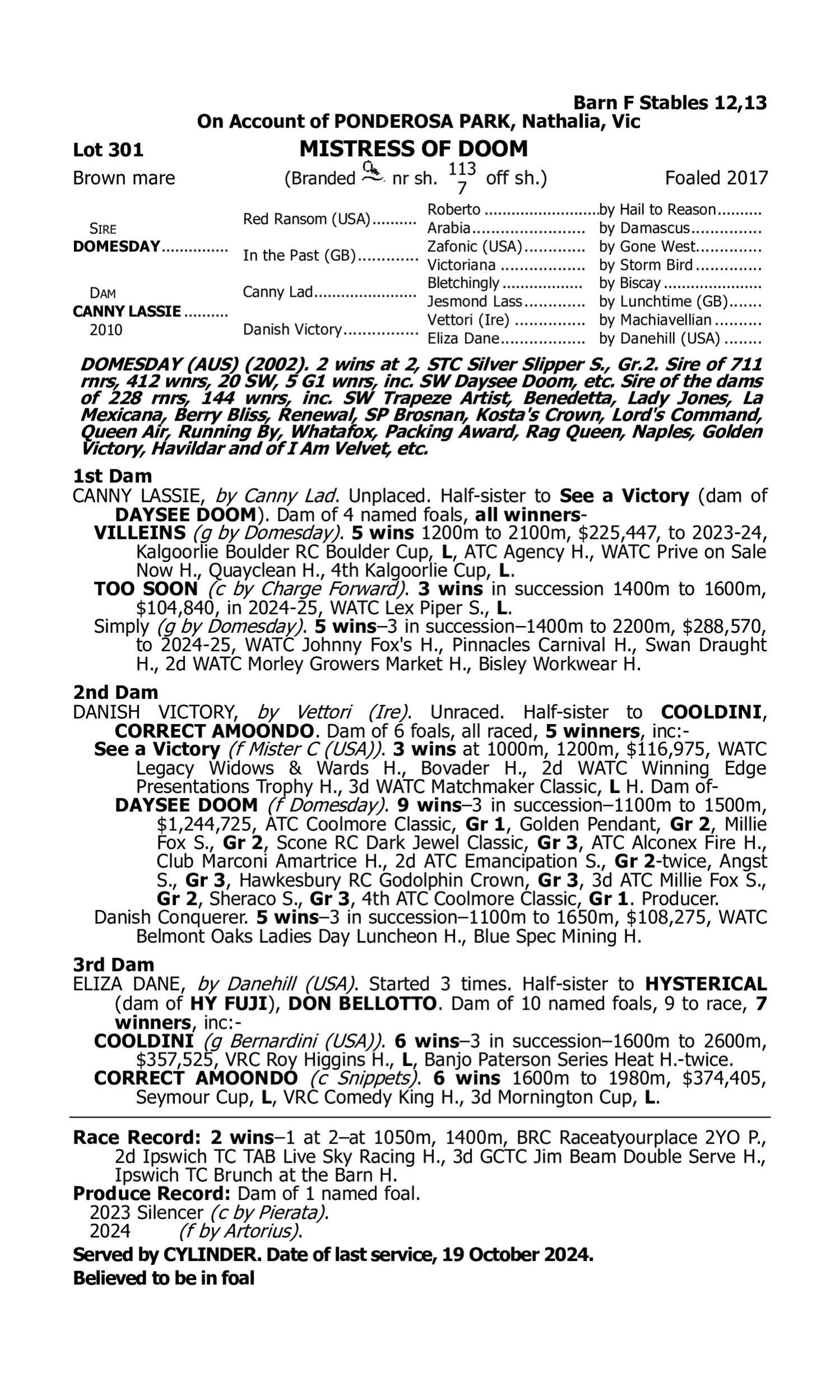 Pedigree for Lot 301 Domesday - Canny Lassie