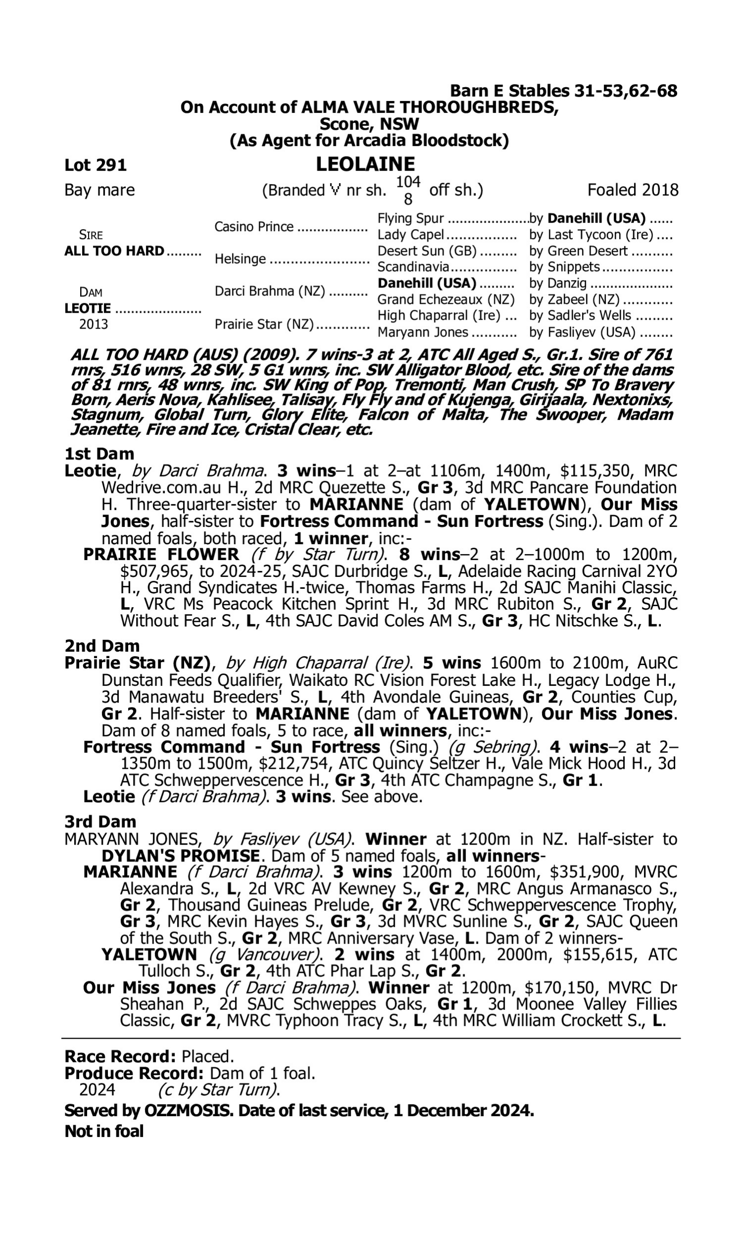 Pedigree for Lot 291 All Too Hard - Leotie