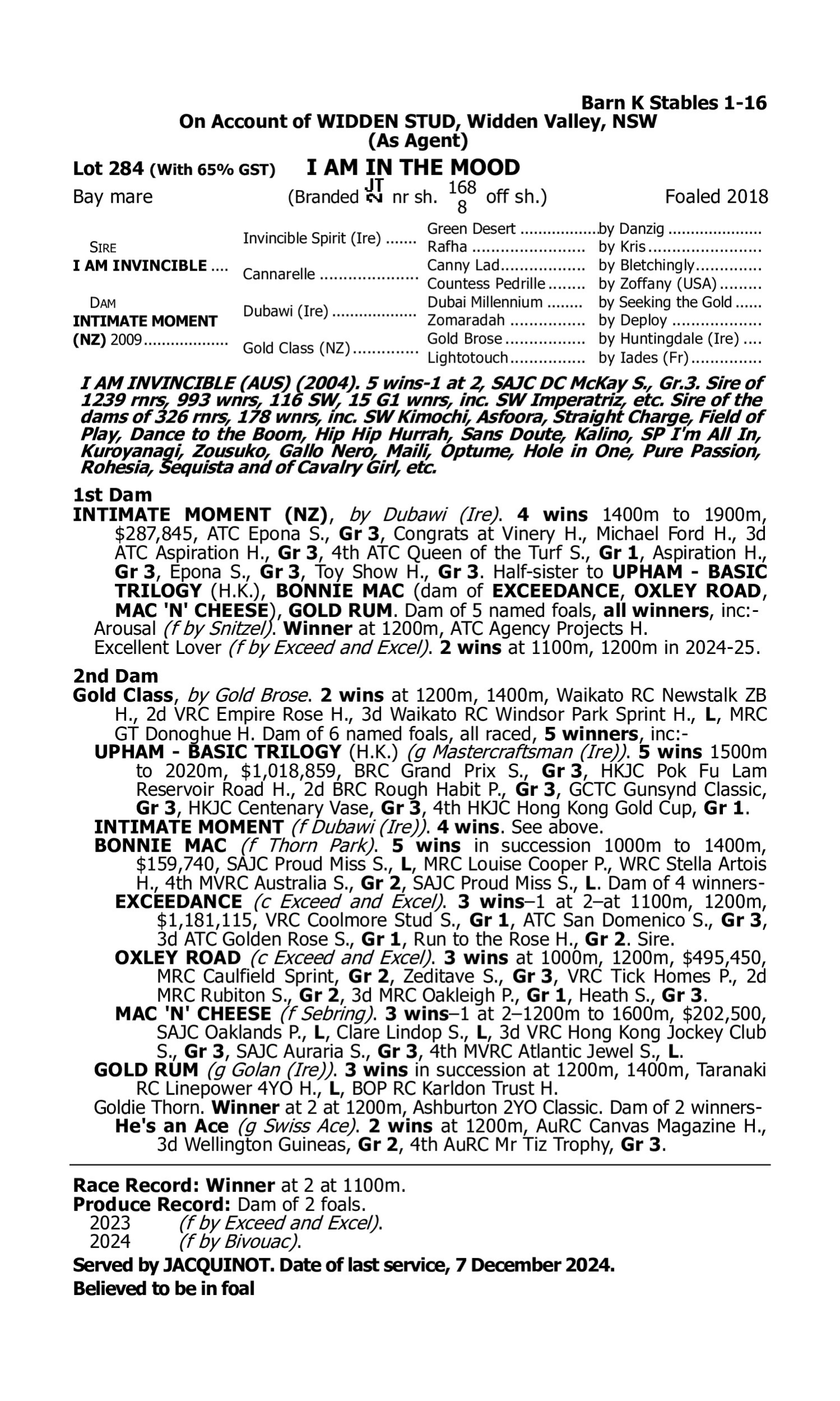 Pedigree for Lot 284 I Am Invincible - Intimate Moment (NZ)