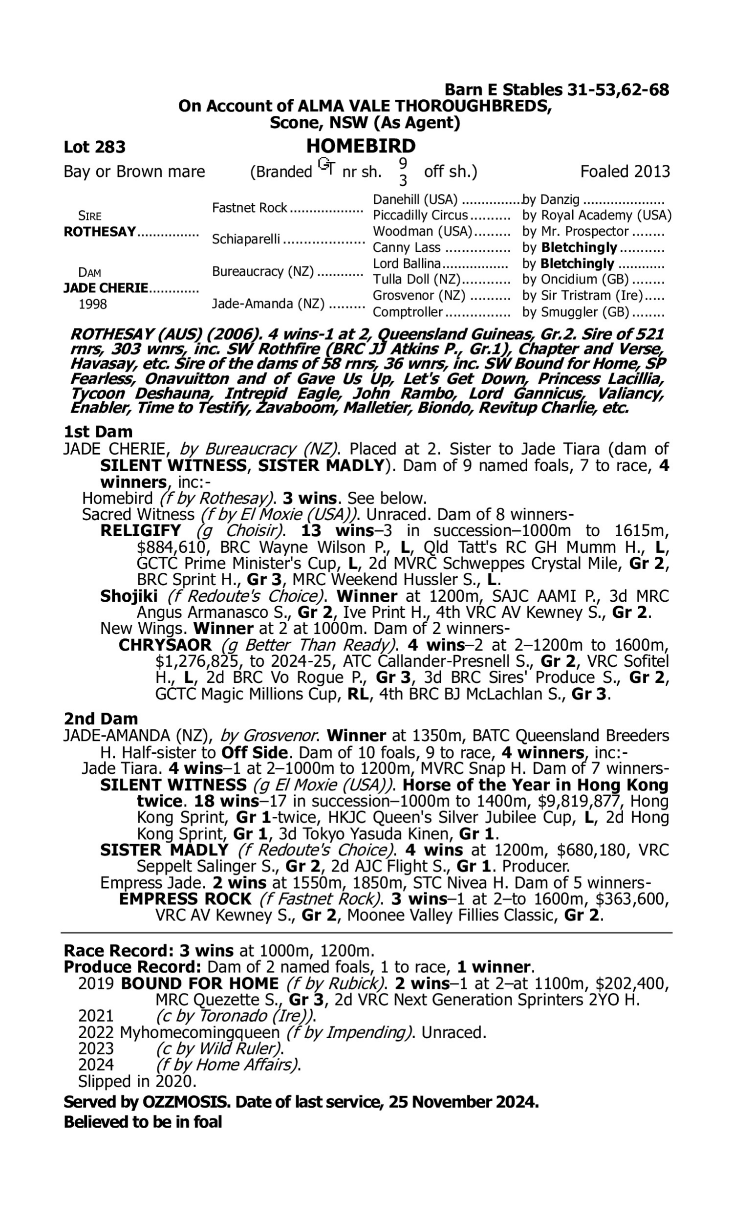 Pedigree for Lot 283 Rothesay - Jade Cherie