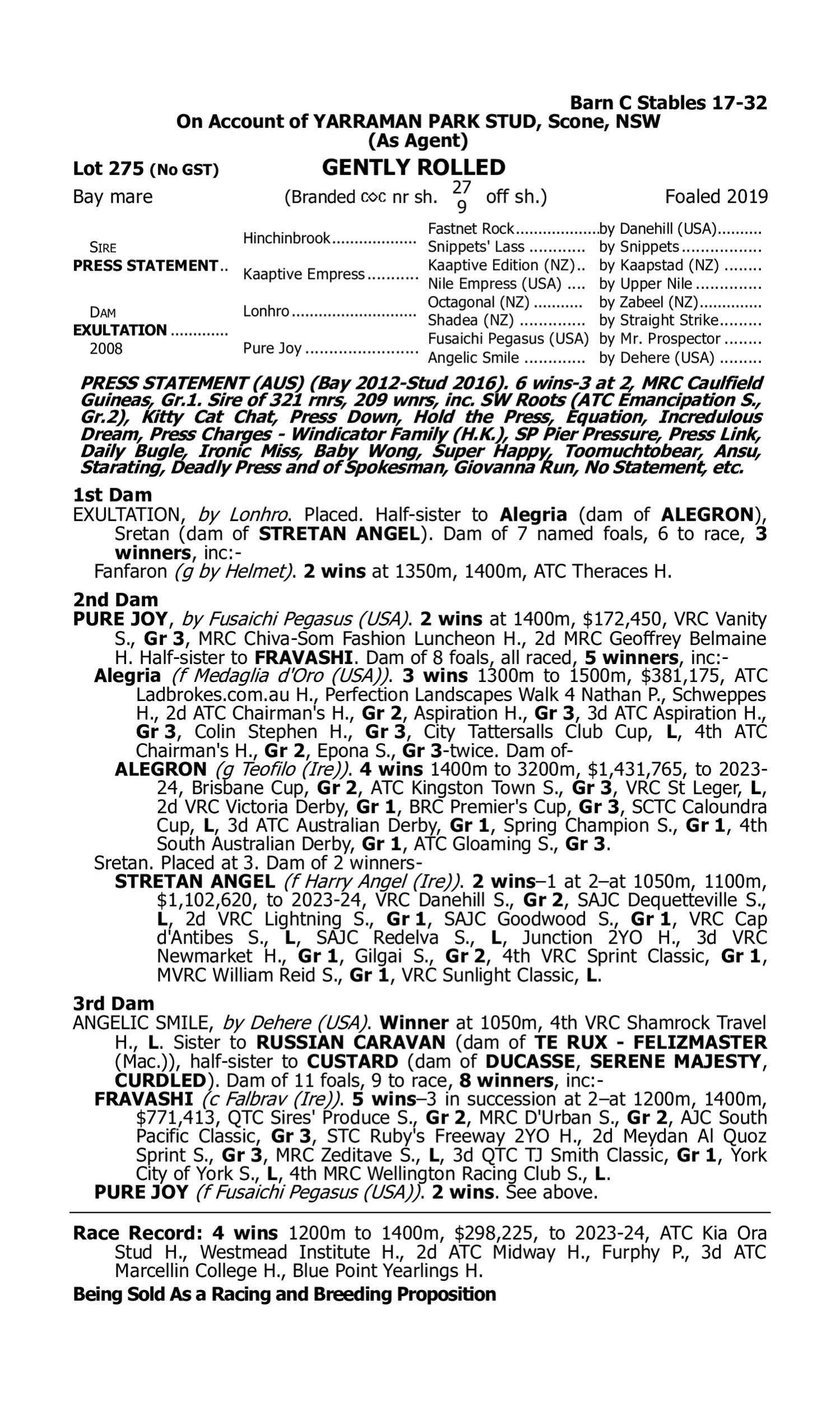 Pedigree for Lot 275 Press Statement - Exultation