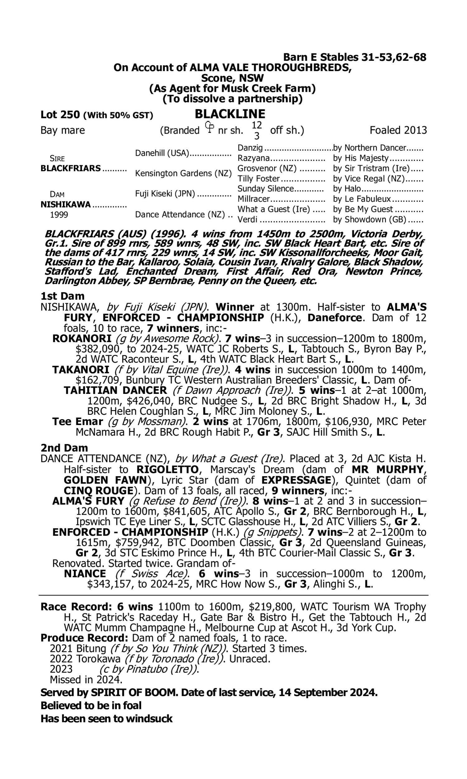 Pedigree for Lot 250 Blackfriars - Nishikawa