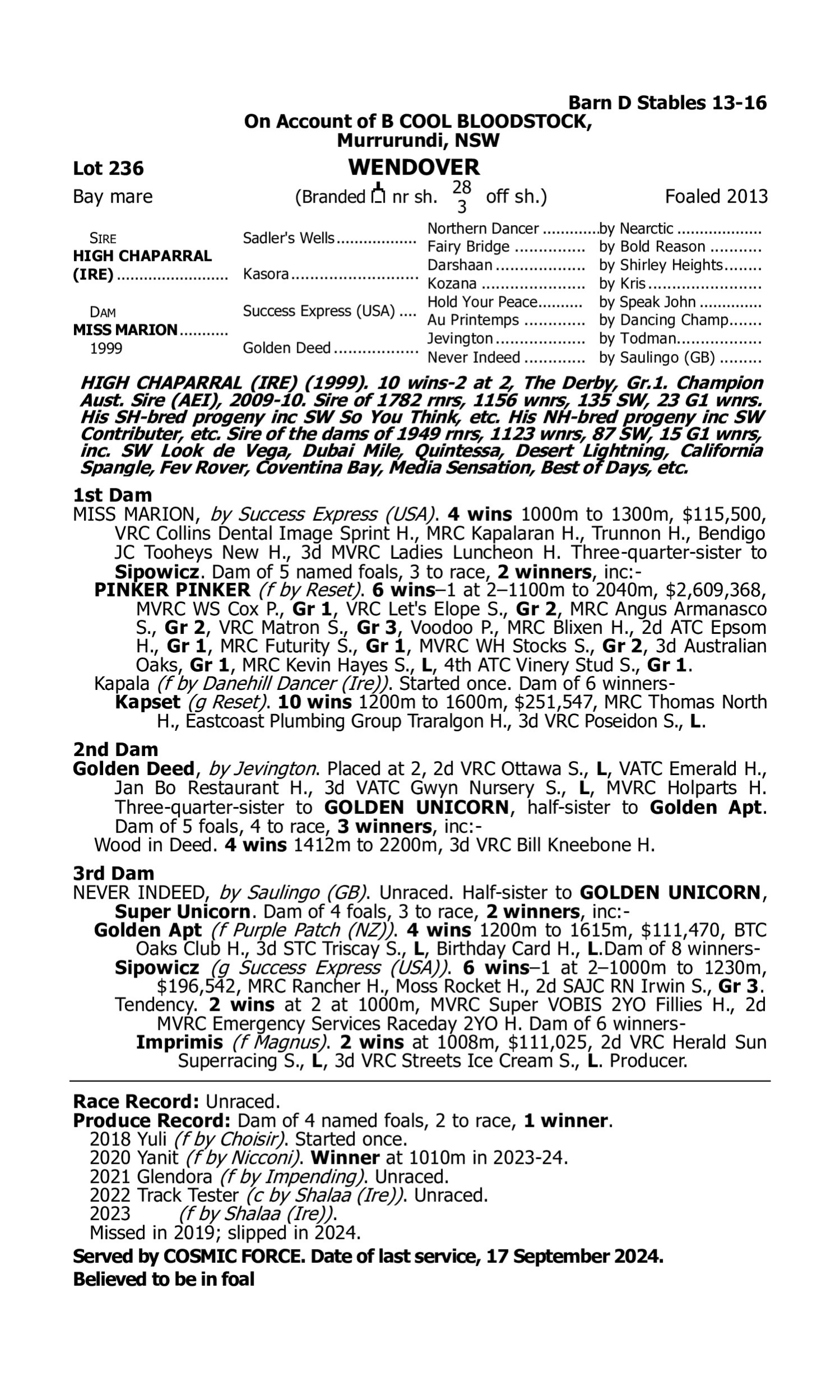 Pedigree for Lot 236 High Chaparral (IRE) - Miss Marion