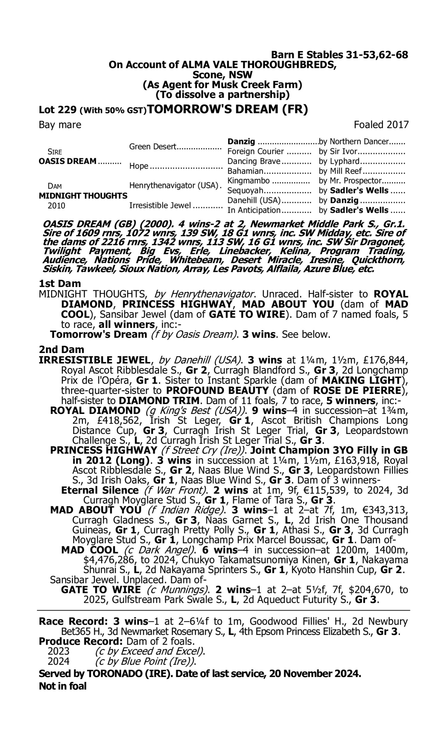 Pedigree for Lot 229 Oasis Dream (GB) - Midnight Thoughts (USA)
