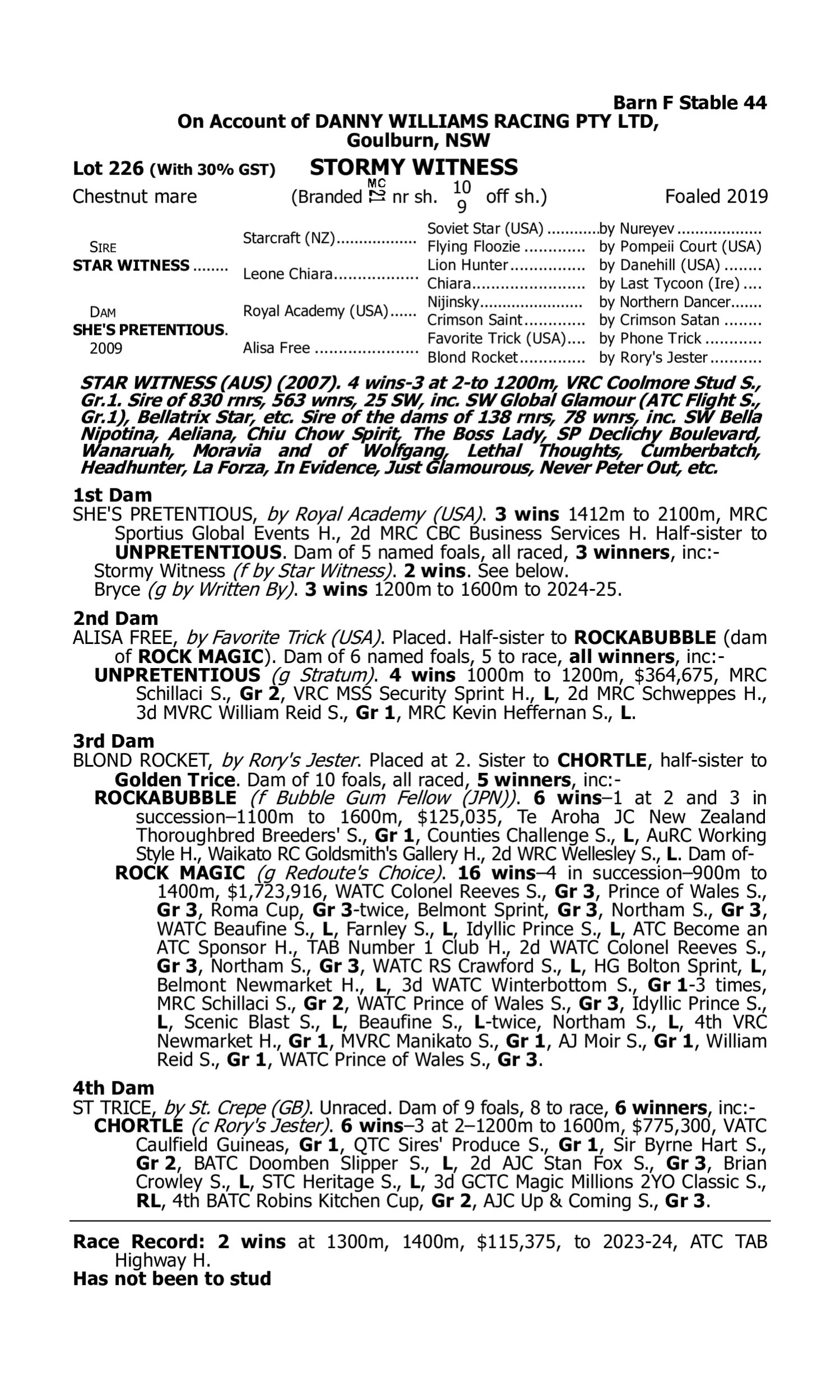 Pedigree for Lot 226 Star Witness - She's Pretentious