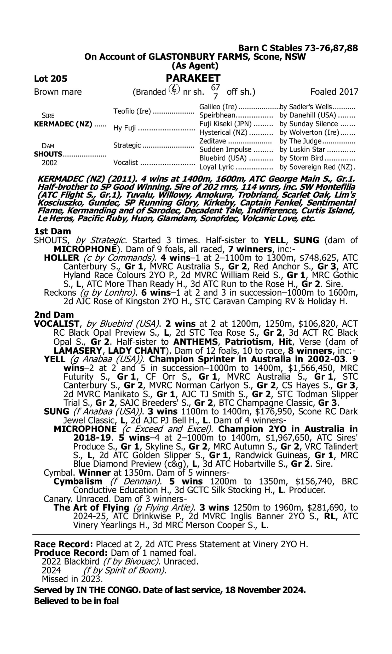 Pedigree for Lot 205 Kermadec (NZ) - Shouts