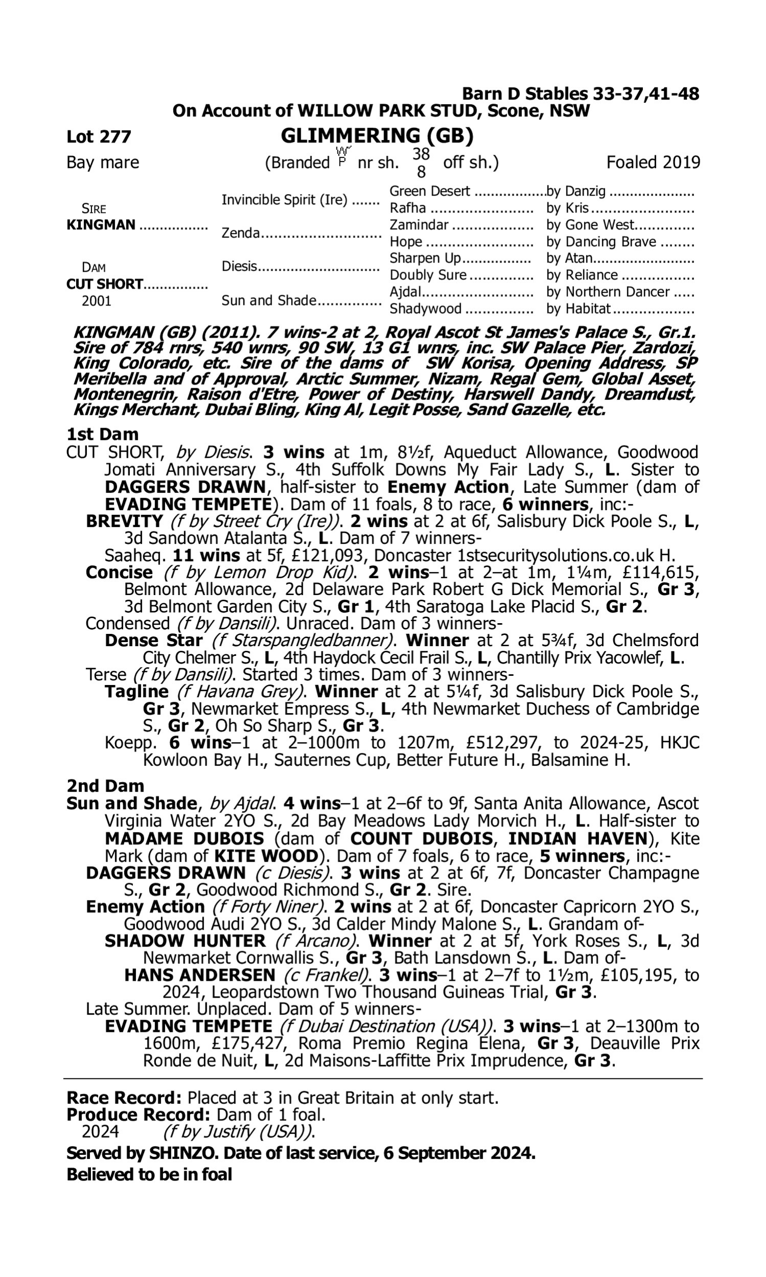 Pedigree for Lot 277 Kingman (GB) - Cut Short (USA)