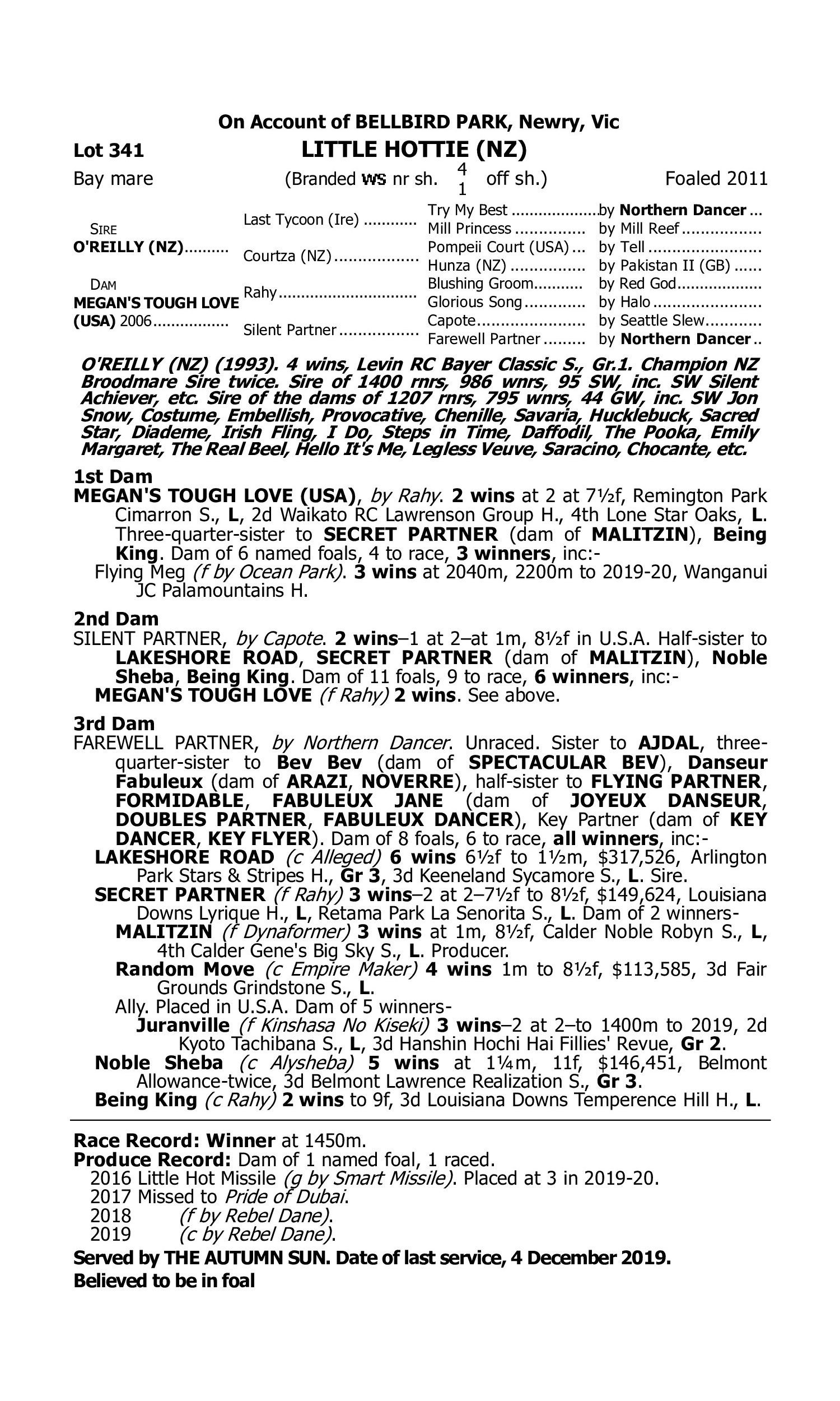 Pedigree for Lot 341 O'Reilly (NZ) - Megan's Tough Love (USA)