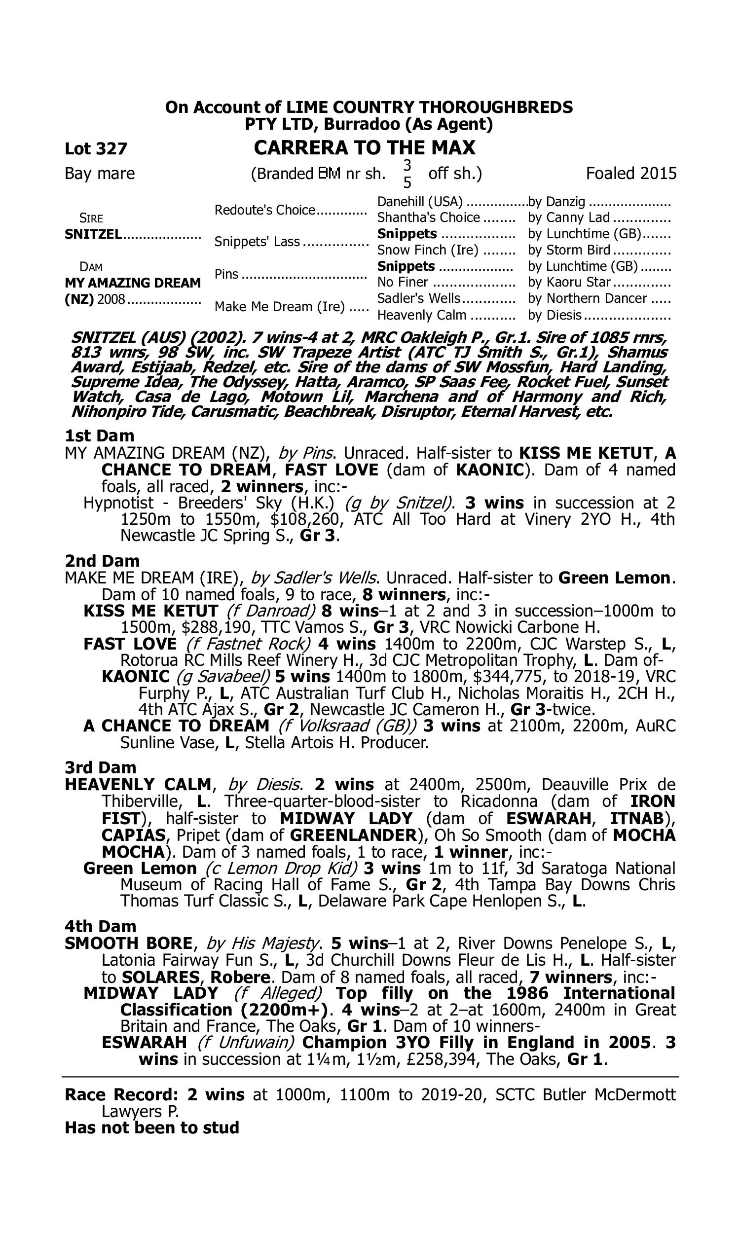 Pedigree for Lot 327 Snitzel - My Amazing Dream (NZ)