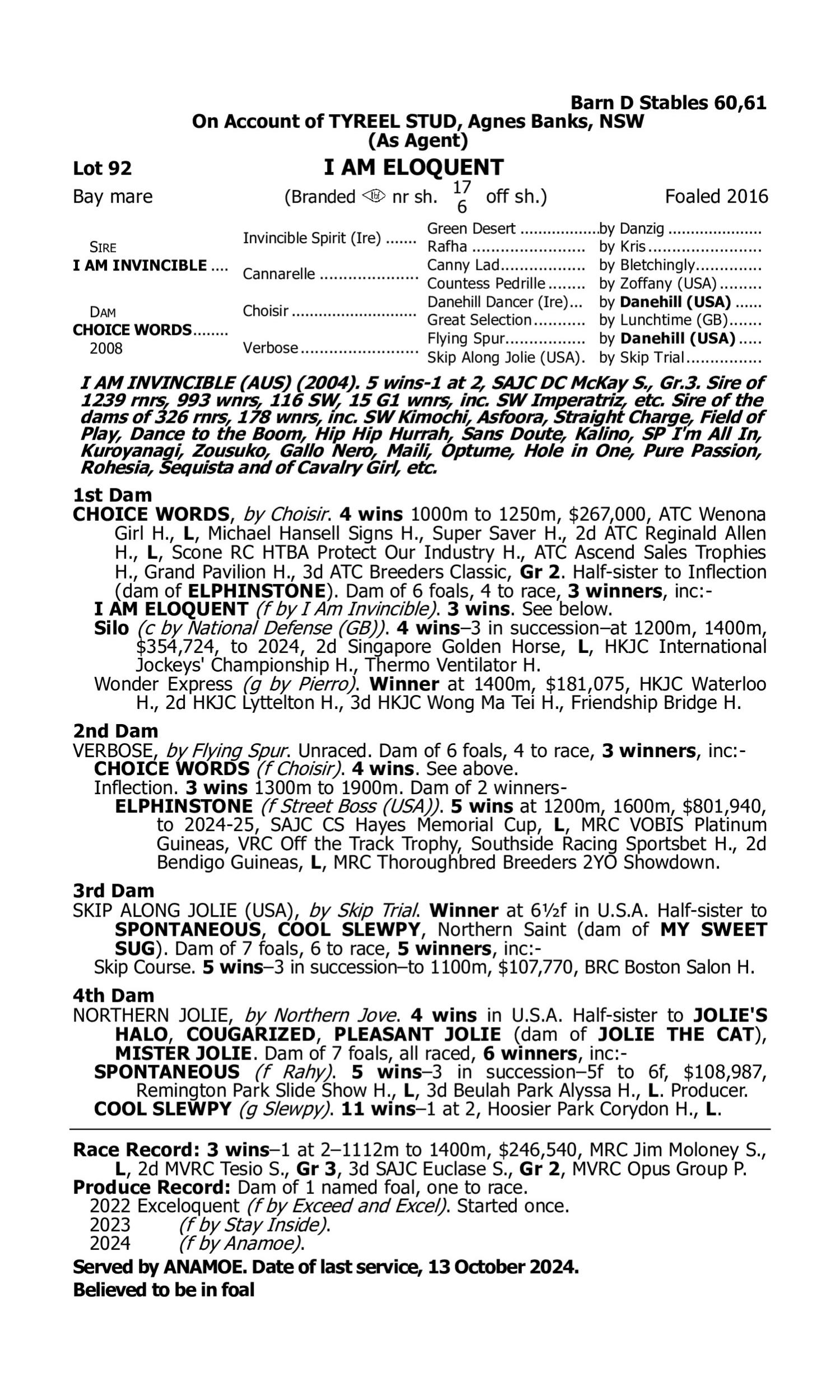 Pedigree for Lot 92 I Am Invincible - Choice Words